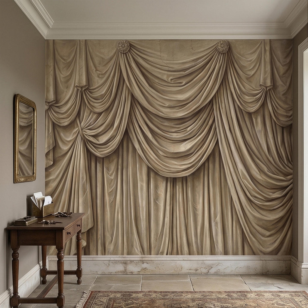 Vintage Drapery Curtain Peel and Stick Wall Mural, Neutral Beige Trompe L'Oeil Theater Stage Curtain Backdrop, Old World Wallpaper