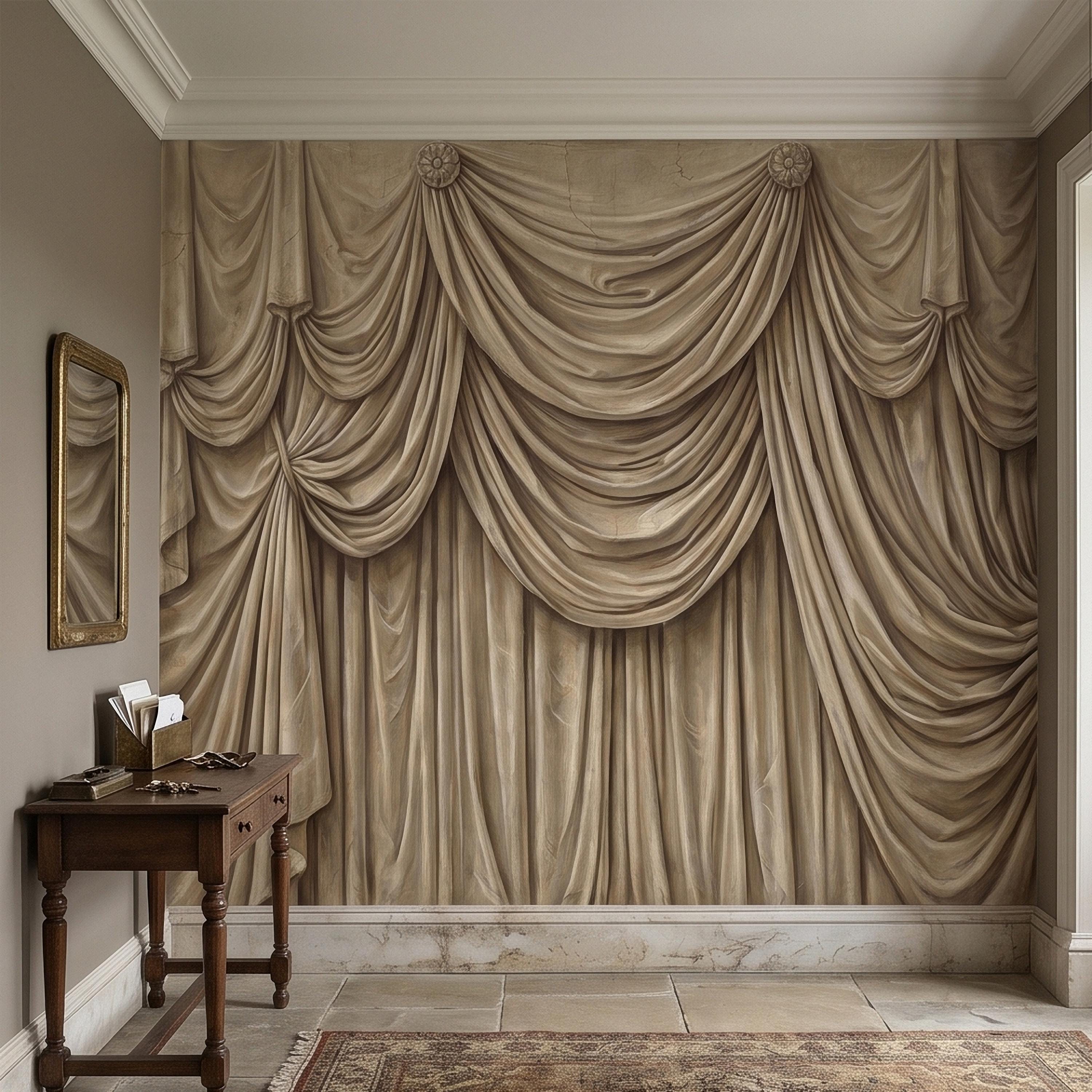 Vintage Drapery Curtain Peel and Stick Wall Mural, Neutral Beige Trompe L'Oeil Theater Stage Curtain Backdrop, Old World Wallpaper