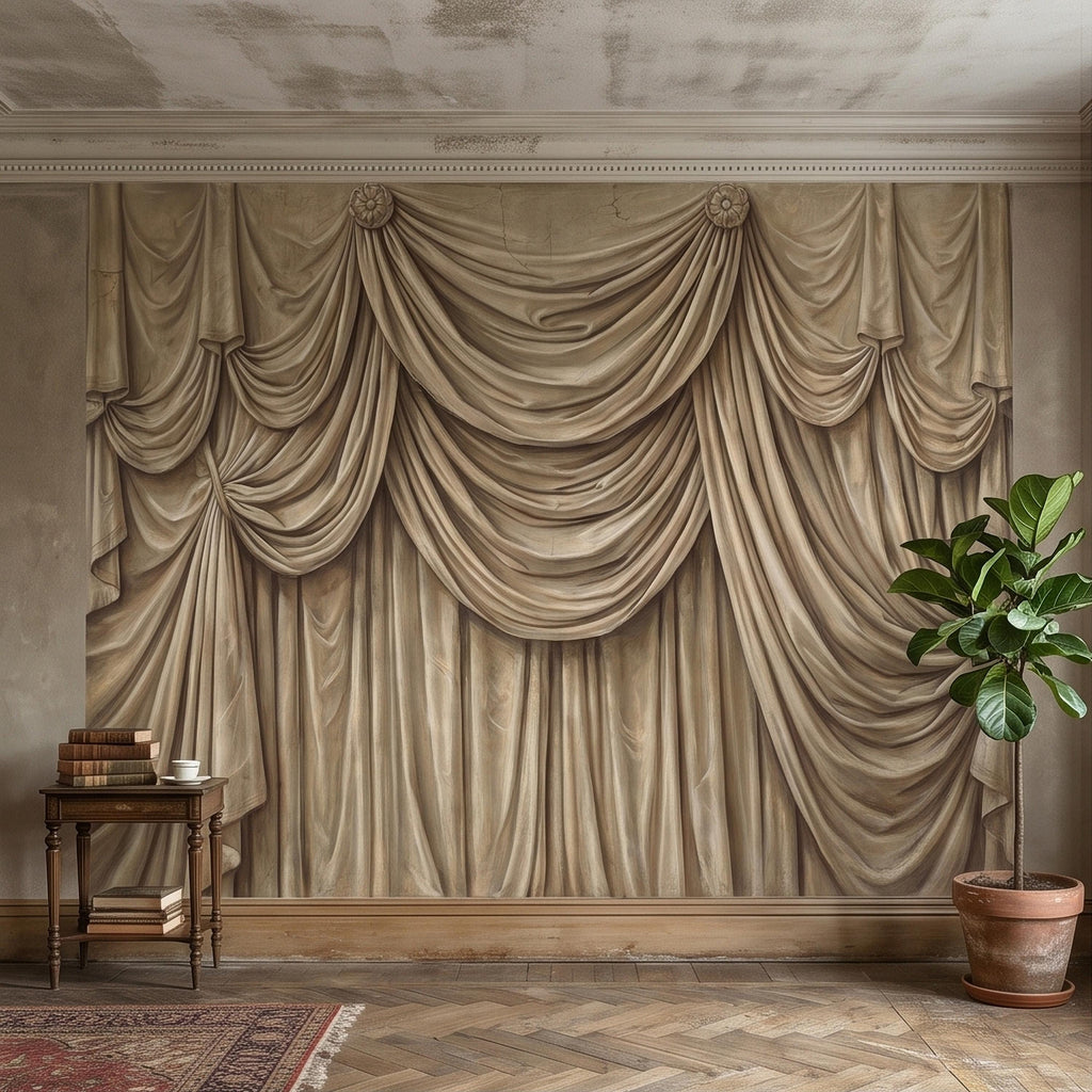 Vintage Drapery Curtain Peel and Stick Wall Mural, Neutral Beige Trompe L'Oeil Theater Stage Curtain Backdrop, Old World Wallpaper
