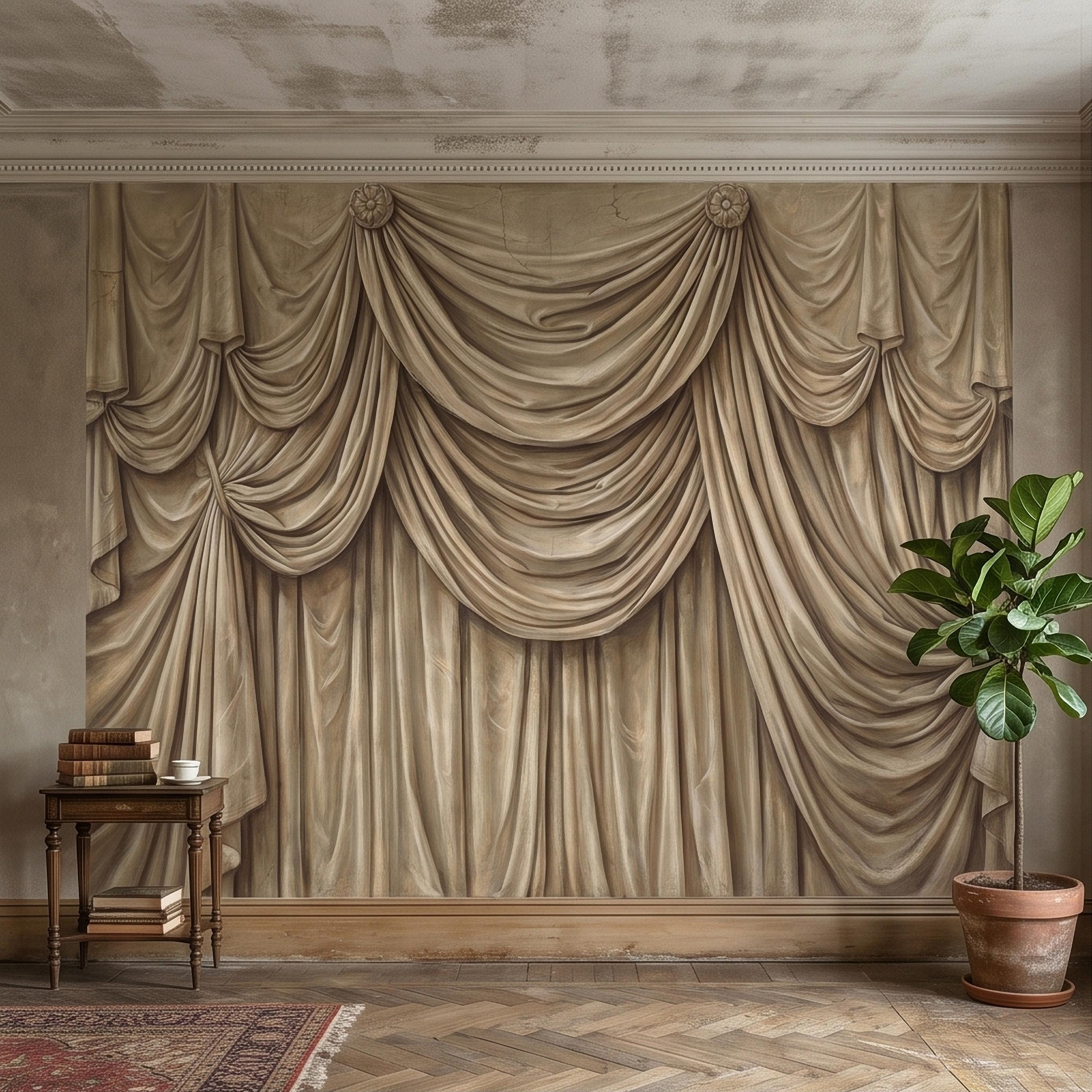 Vintage Drapery Curtain Peel and Stick Wall Mural, Neutral Beige Trompe L'Oeil Theater Stage Curtain Backdrop, Old World Wallpaper