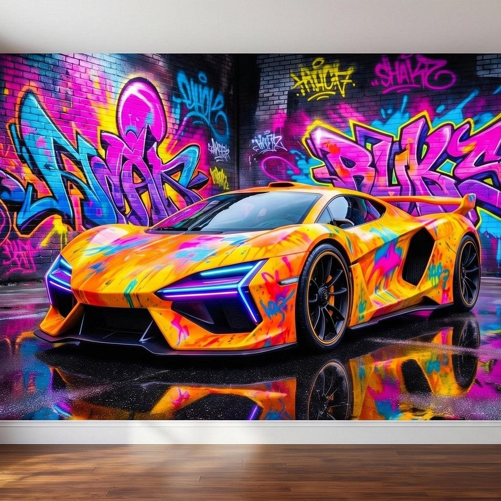 Neon Graffiti Exotic Supercar Street Art Peel and Stick Wall Mural, Colorful Urban Sports Car Raceway Illustration, Bold Modern Wallpaper