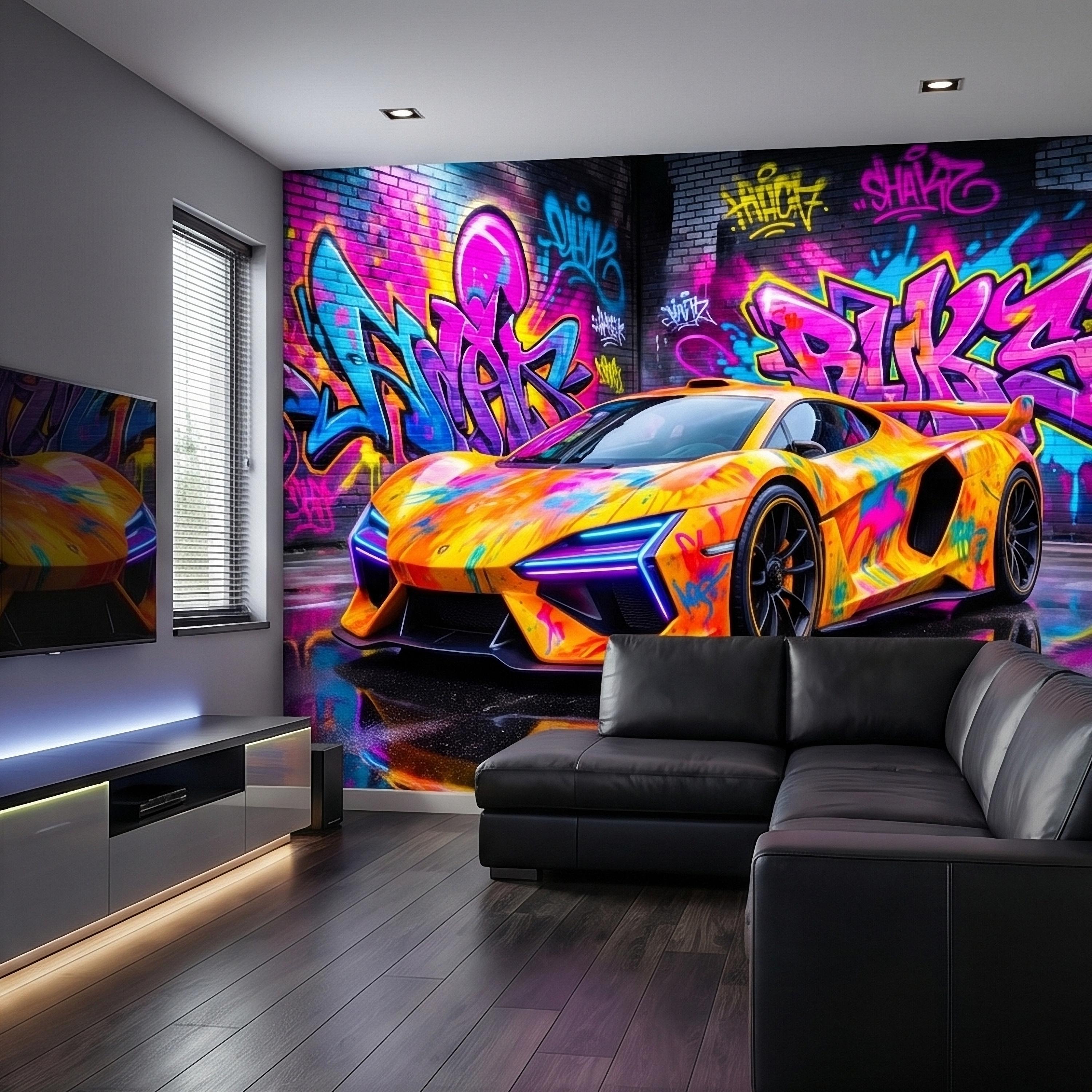 Neon Graffiti Exotic Supercar Street Art Peel and Stick Wall Mural, Colorful Urban Sports Car Raceway Illustration, Bold Modern Wallpaper