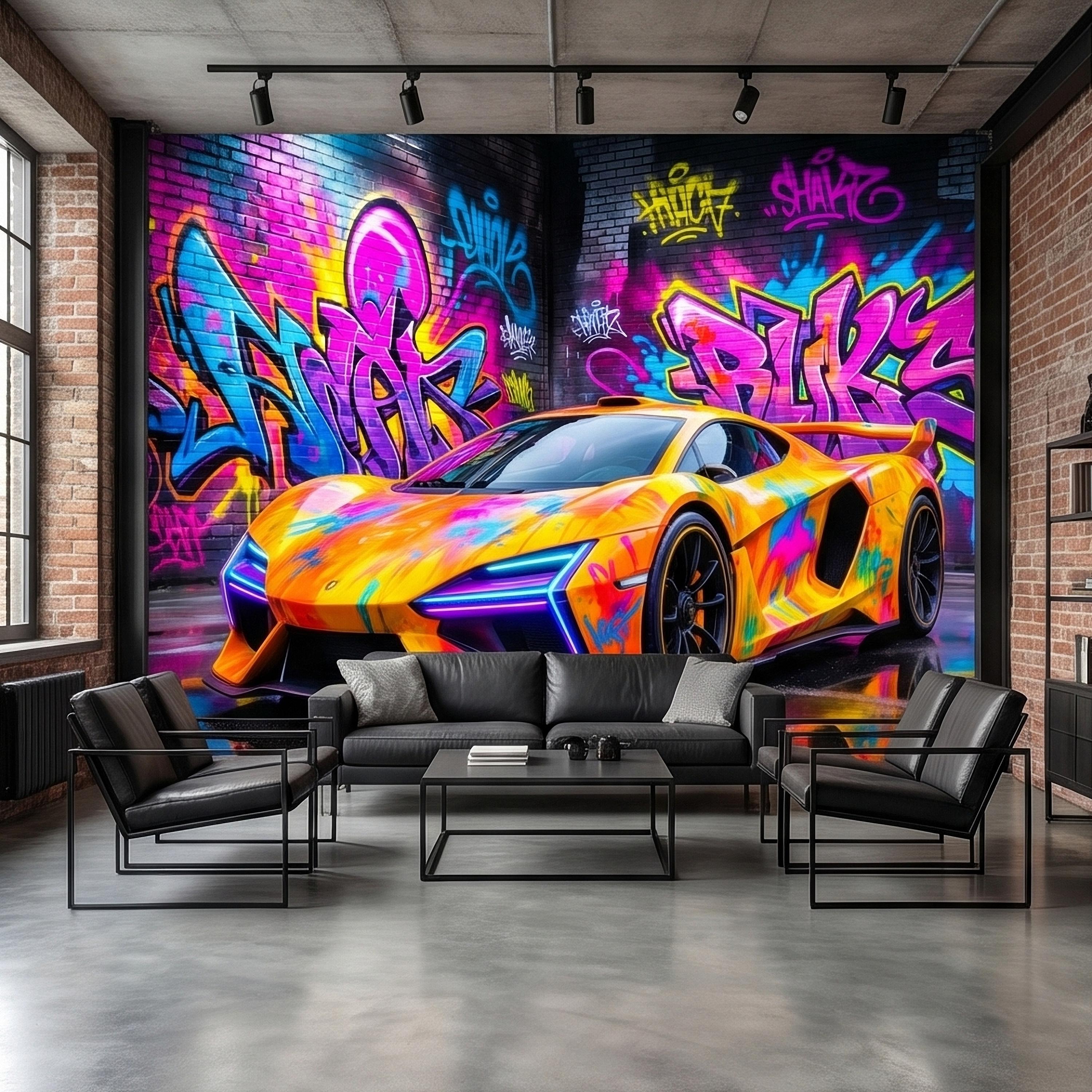 Neon Graffiti Exotic Supercar Street Art Peel and Stick Wall Mural, Colorful Urban Sports Car Raceway Illustration, Bold Modern Wallpaper