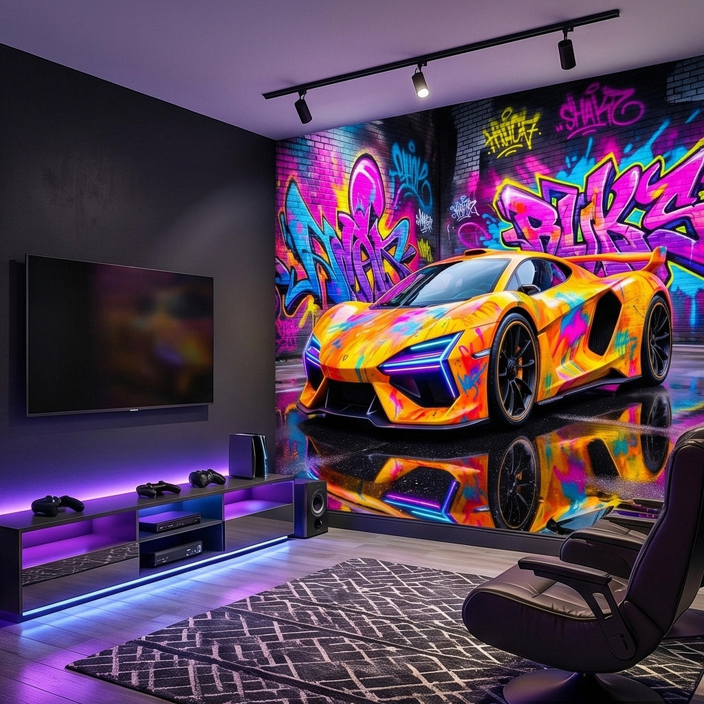 Neon Graffiti Exotic Supercar Street Art Peel and Stick Wall Mural, Colorful Urban Sports Car Raceway Illustration, Bold Modern Wallpaper