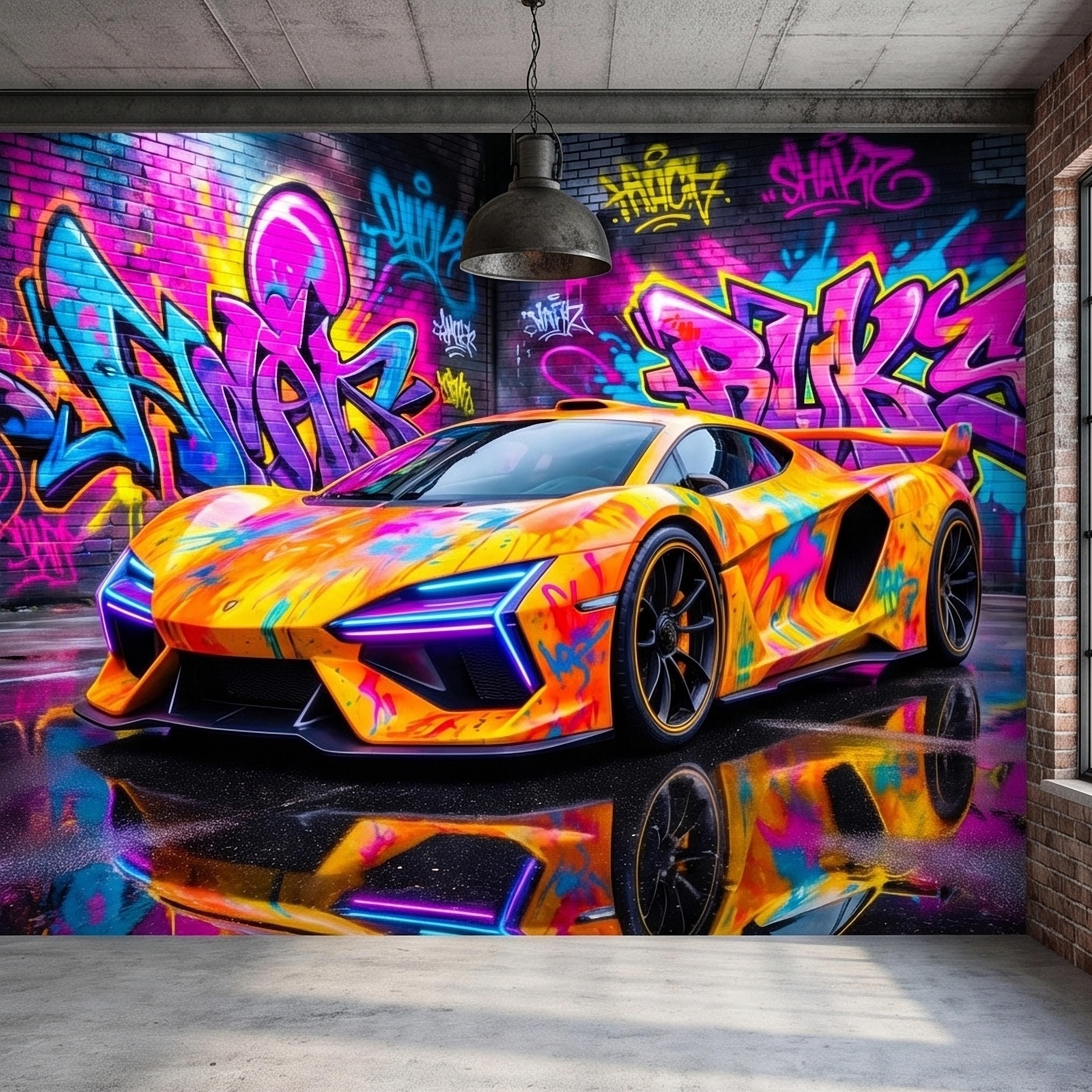 Neon Graffiti Exotic Supercar Street Art Peel and Stick Wall Mural, Colorful Urban Sports Car Raceway Illustration, Bold Modern Wallpaper