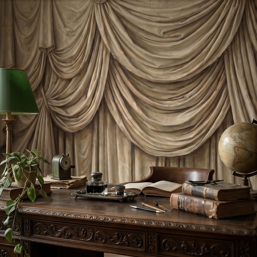 Vintage Drapery Curtain Peel and Stick Wall Mural, Neutral Beige Trompe L'Oeil Theater Stage Curtain Backdrop, Old World Wallpaper