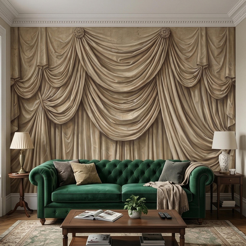 Vintage Drapery Curtain Peel and Stick Wall Mural, Neutral Beige Trompe L'Oeil Theater Stage Curtain Backdrop, Old World Wallpaper