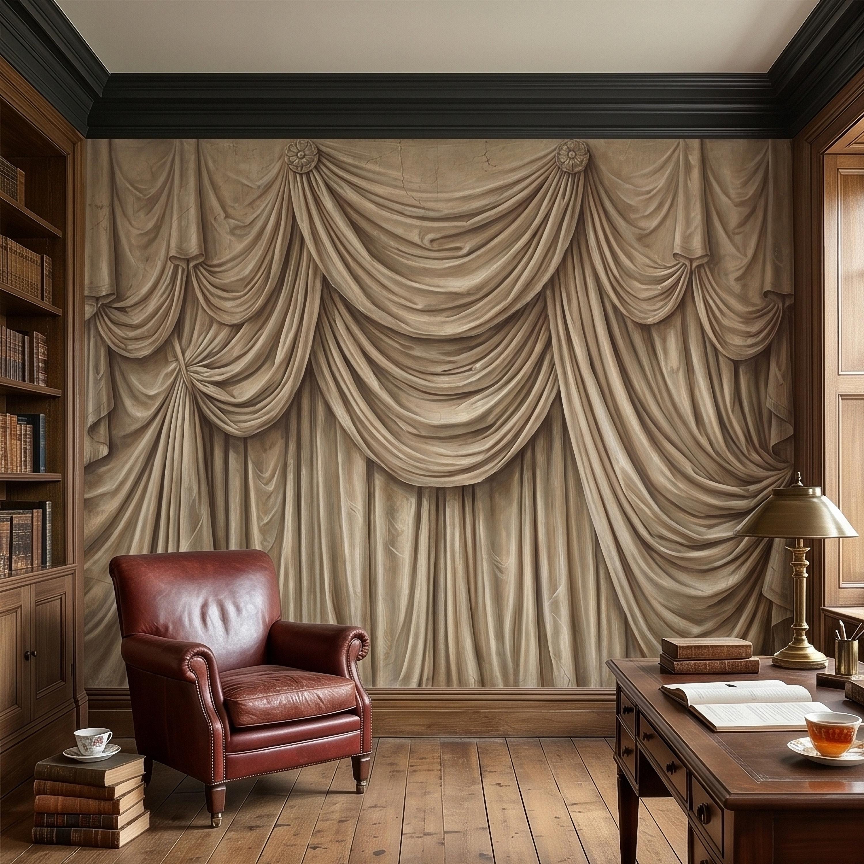 Vintage Drapery Curtain Peel and Stick Wall Mural, Neutral Beige Trompe L'Oeil Theater Stage Curtain Backdrop, Old World Wallpaper