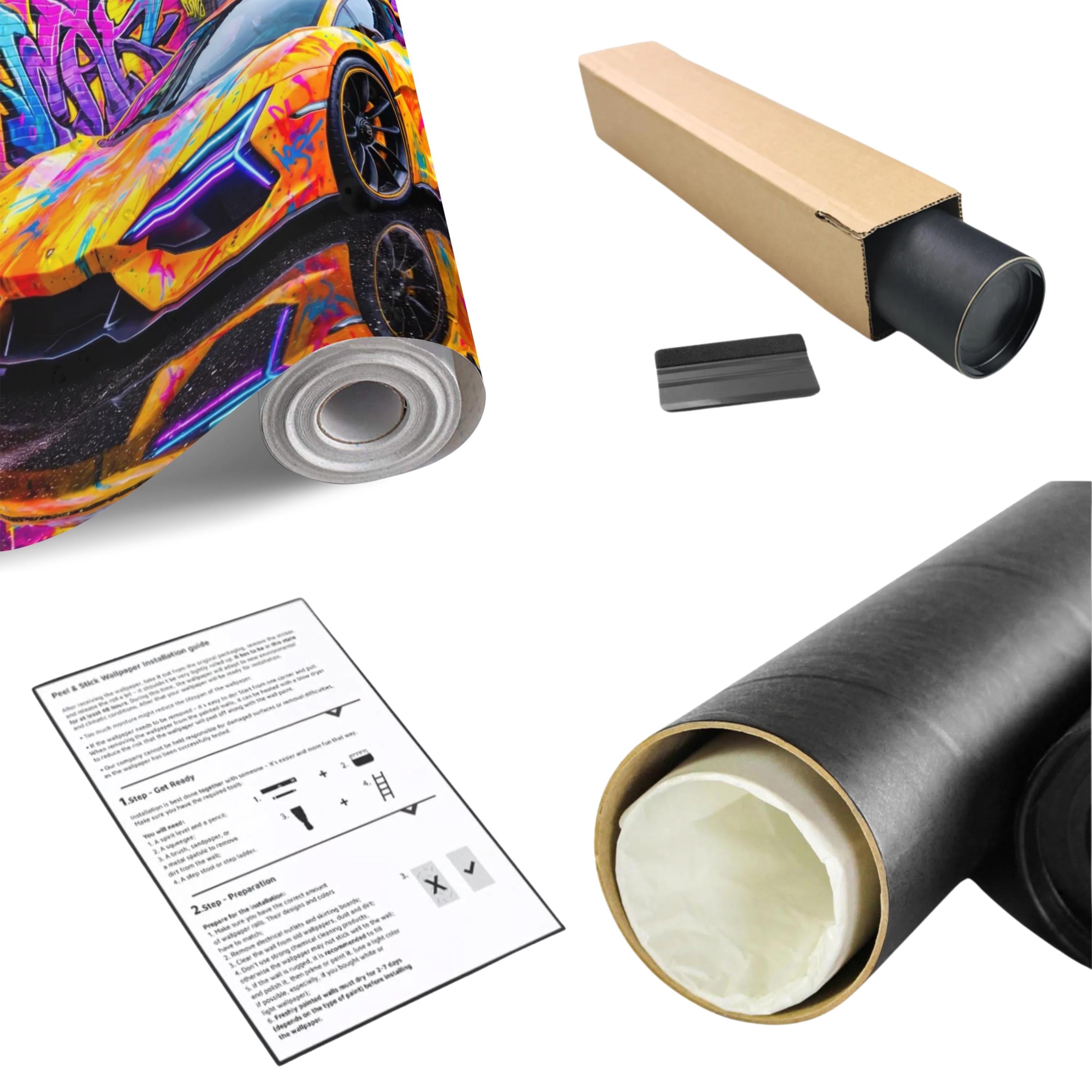 Neon Graffiti Exotic Supercar Street Art Peel and Stick Wall Mural, Colorful Urban Sports Car Raceway Illustration, Bold Modern Wallpaper