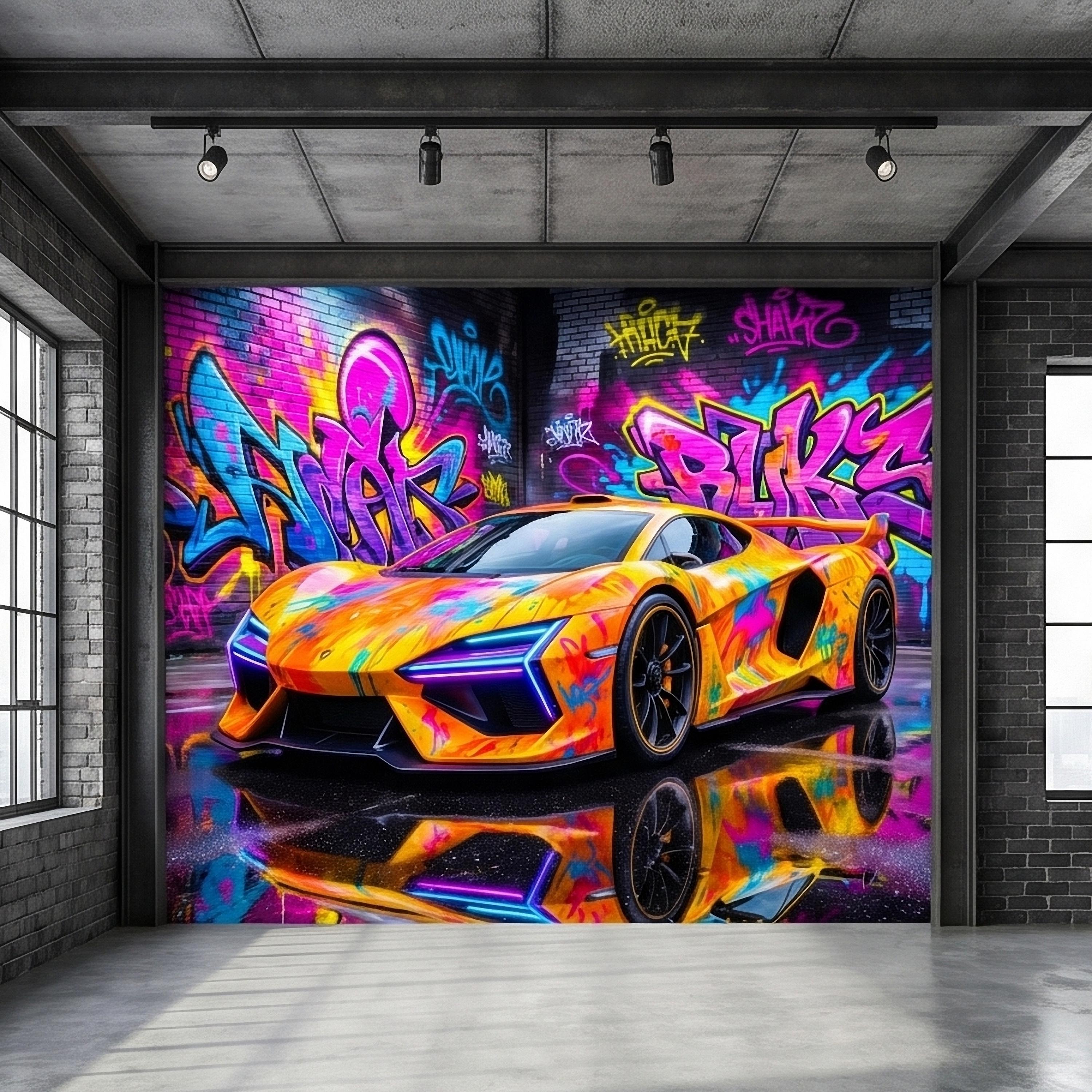 Neon Graffiti Exotic Supercar Street Art Peel and Stick Wall Mural, Colorful Urban Sports Car Raceway Illustration, Bold Modern Wallpaper