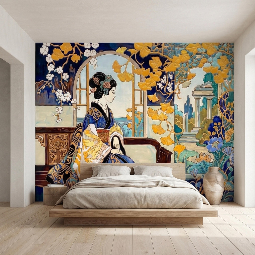Japanese Geisha Kimono Art Nouveau Peel and Stick Wall Mural, Blue Amber Ginkgo Blossom Vintage Elegant Asian Garden Floral Wallpaper