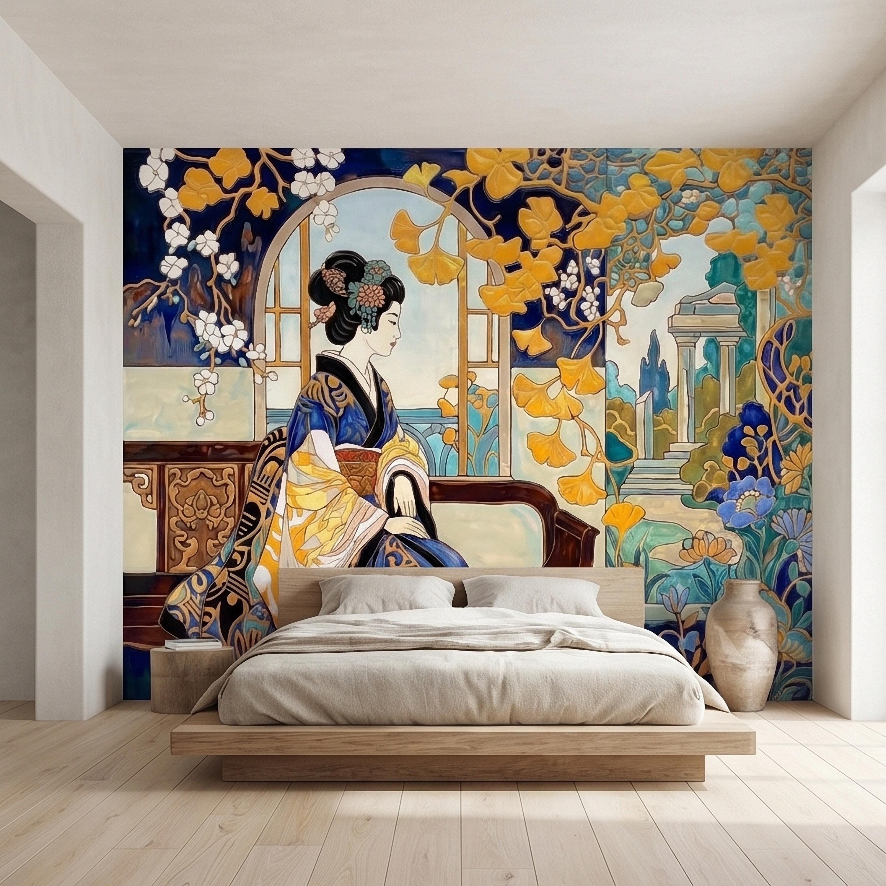 Japanese Geisha Kimono Art Nouveau Peel and Stick Wall Mural, Blue Amber Ginkgo Blossom Vintage Elegant Asian Garden Floral Wallpaper