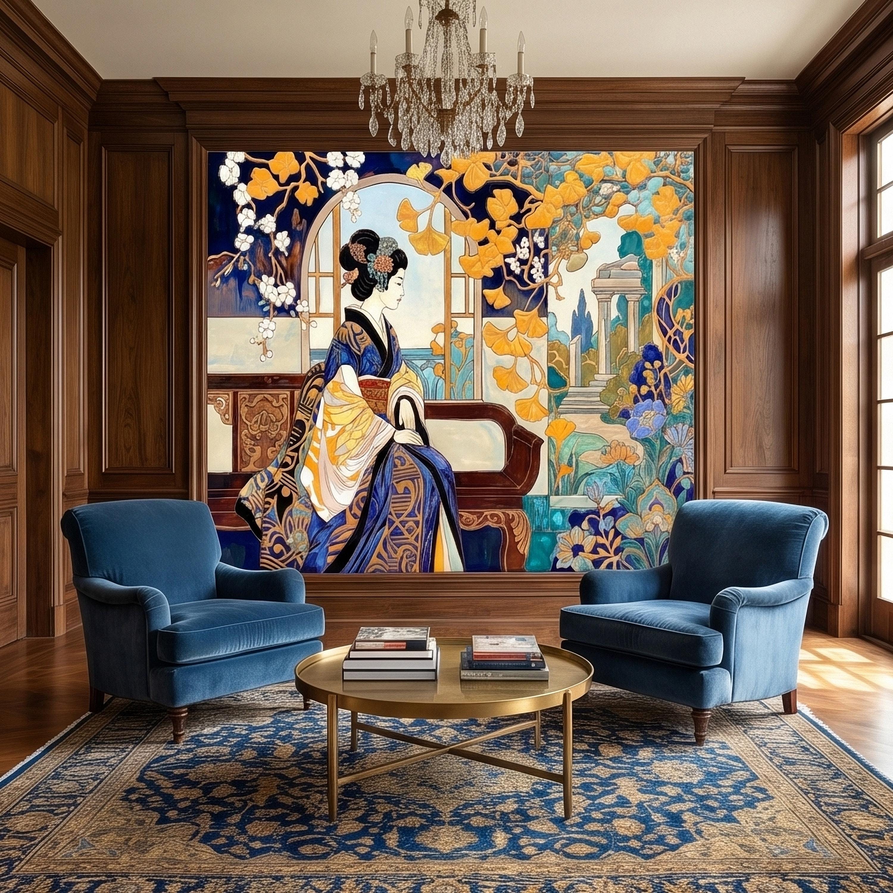 Japanese Geisha Kimono Art Nouveau Peel and Stick Wall Mural, Blue Amber Ginkgo Blossom Vintage Elegant Asian Garden Floral Wallpaper