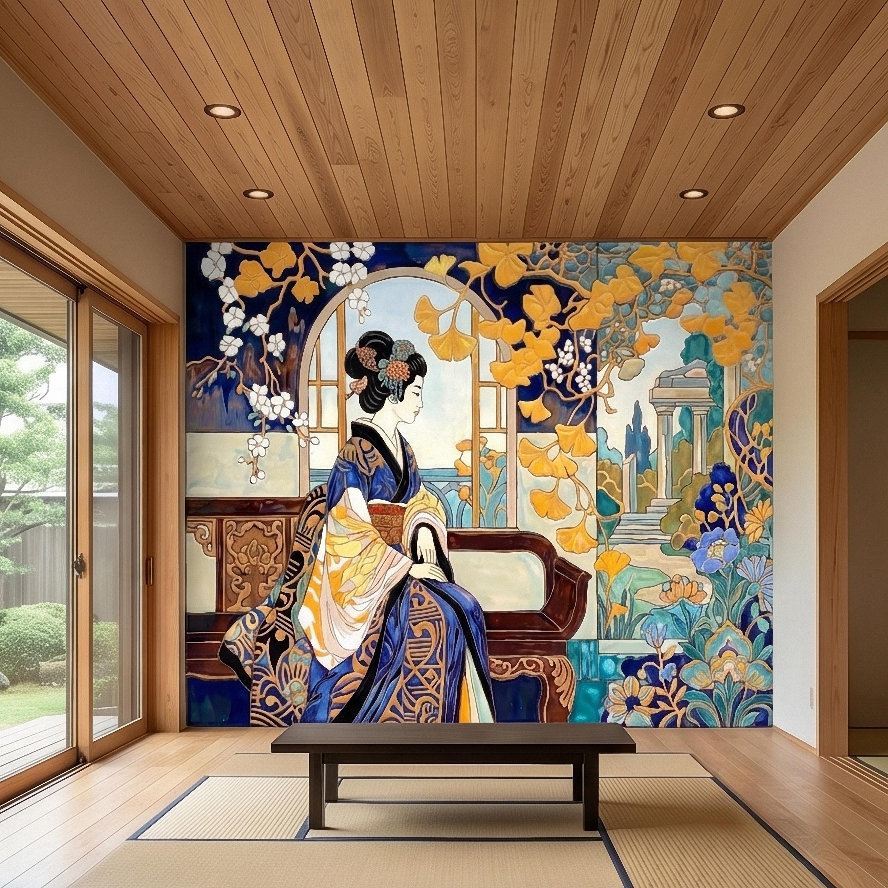 Japanese Geisha Kimono Art Nouveau Peel and Stick Wall Mural, Blue Amber Ginkgo Blossom Vintage Elegant Asian Garden Floral Wallpaper