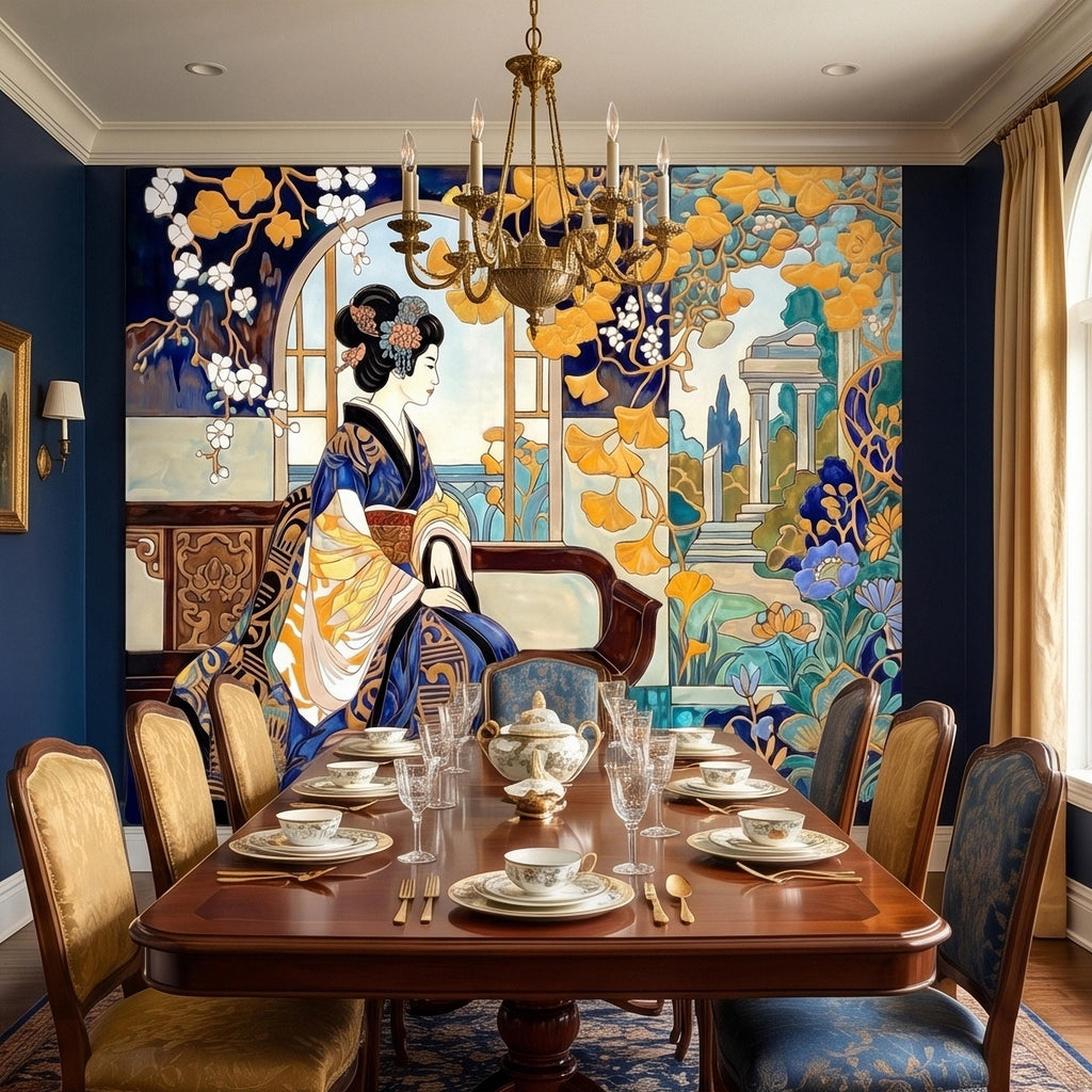 Japanese Geisha Kimono Art Nouveau Peel and Stick Wall Mural, Blue Amber Ginkgo Blossom Vintage Elegant Asian Garden Floral Wallpaper