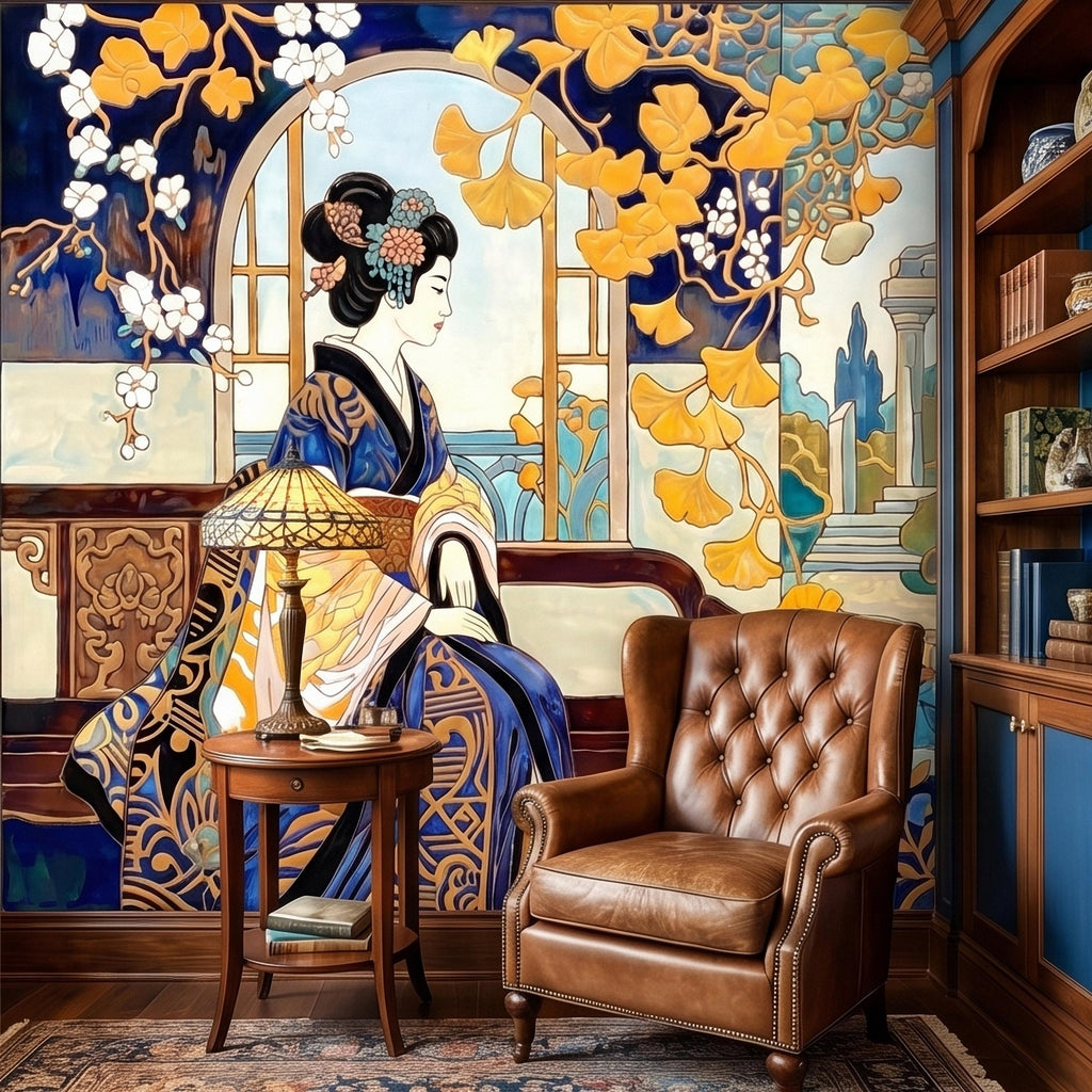 Japanese Geisha Kimono Art Nouveau Peel and Stick Wall Mural, Blue Amber Ginkgo Blossom Vintage Elegant Asian Garden Floral Wallpaper