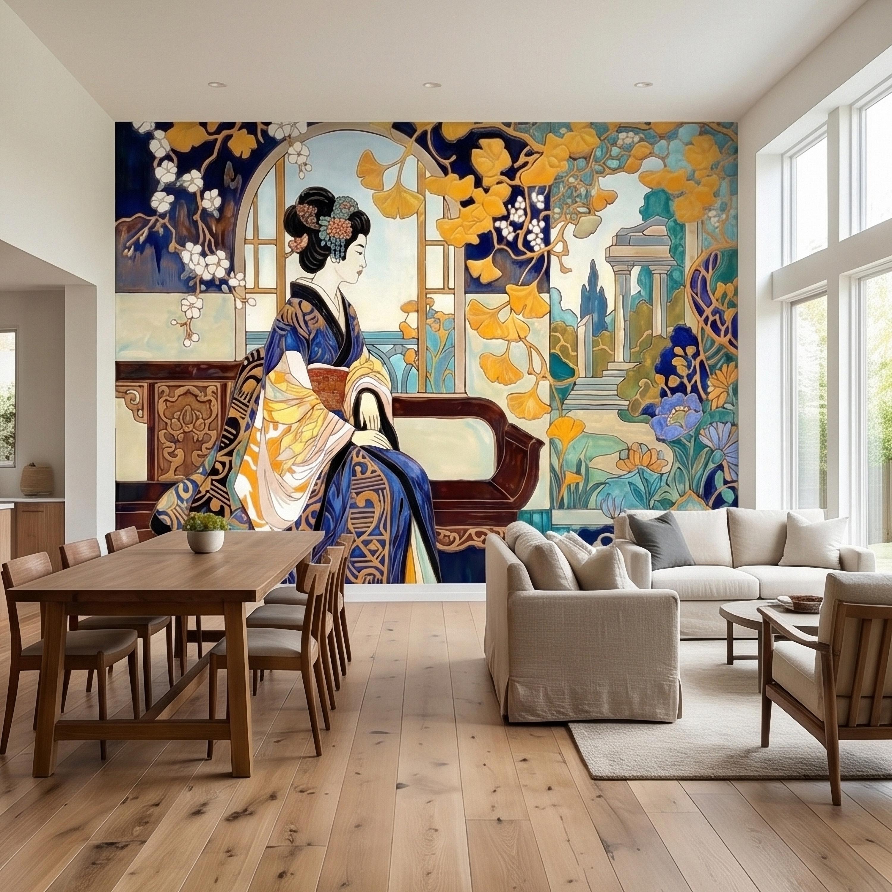 Japanese Geisha Kimono Art Nouveau Peel and Stick Wall Mural, Blue Amber Ginkgo Blossom Vintage Elegant Asian Garden Floral Wallpaper
