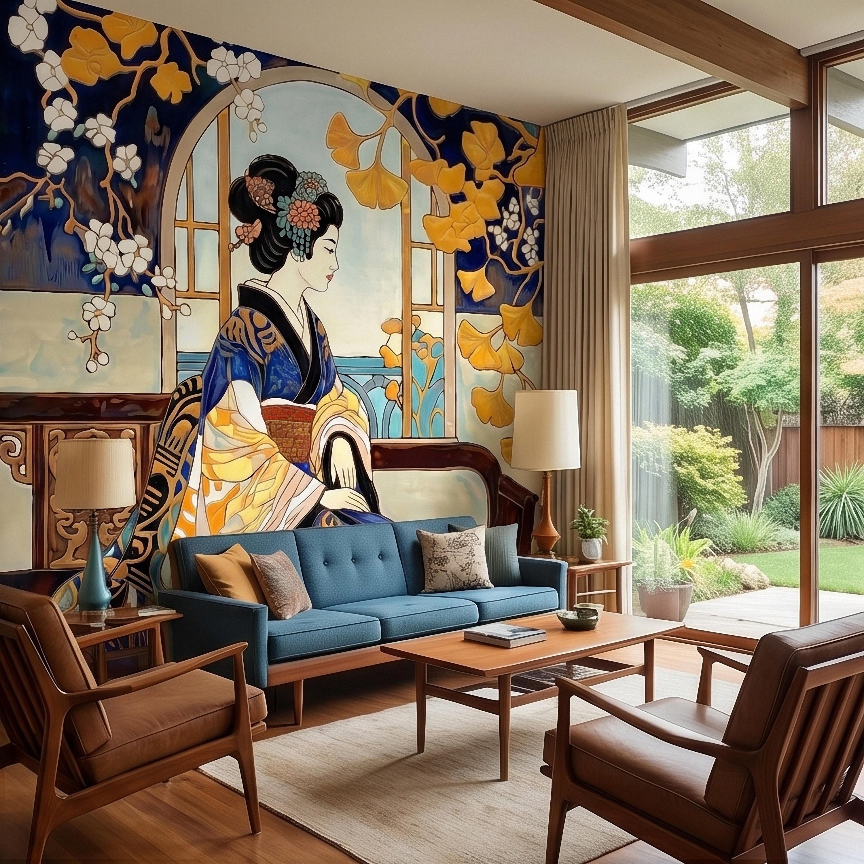 Japanese Geisha Kimono Art Nouveau Peel and Stick Wall Mural, Blue Amber Ginkgo Blossom Vintage Elegant Asian Garden Floral Wallpaper