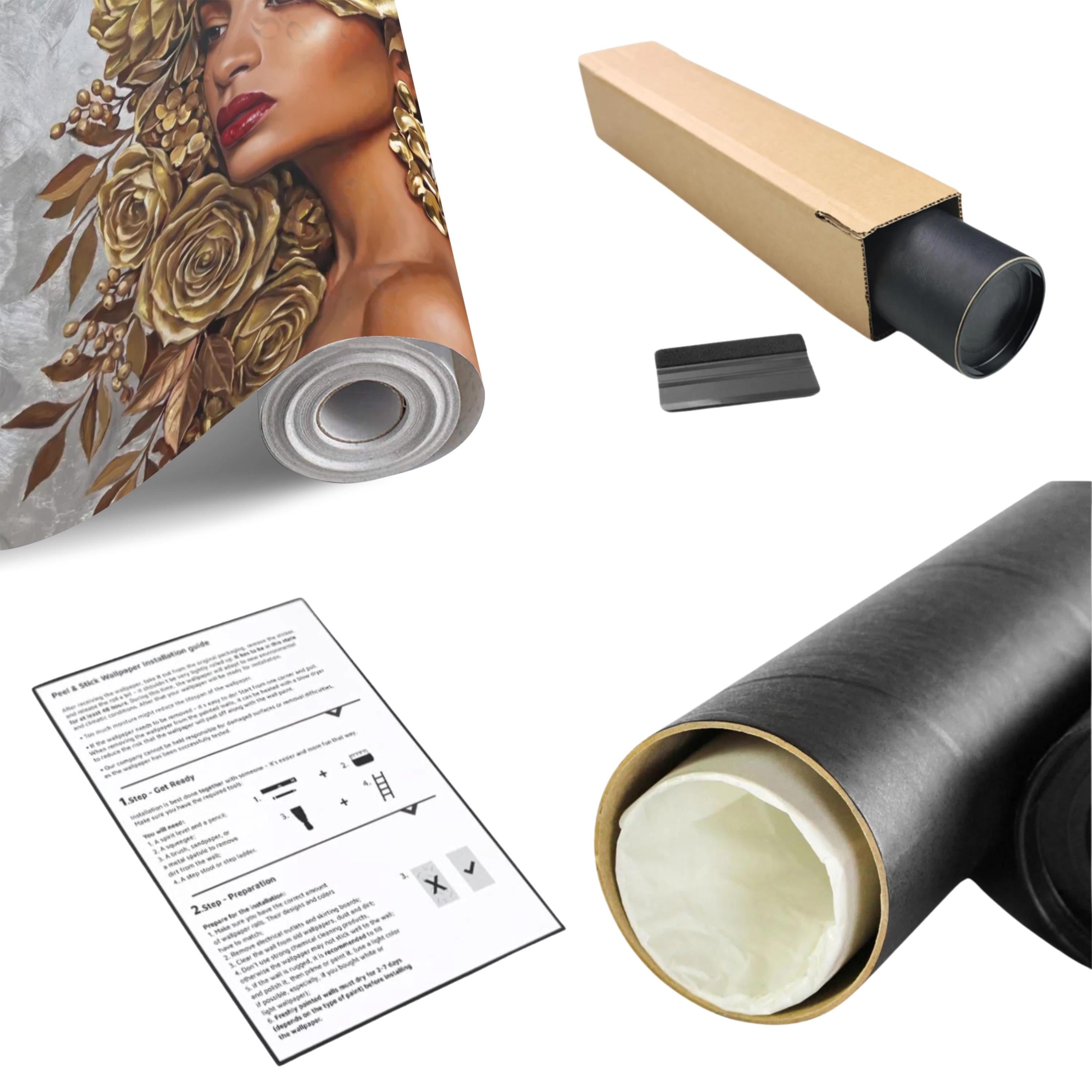 Golden Rose Portrait Peel and Stick Wall Mural, Glam Floral Woman Face Fashion Art with Silver Texture Luxury Modern Wallpaper