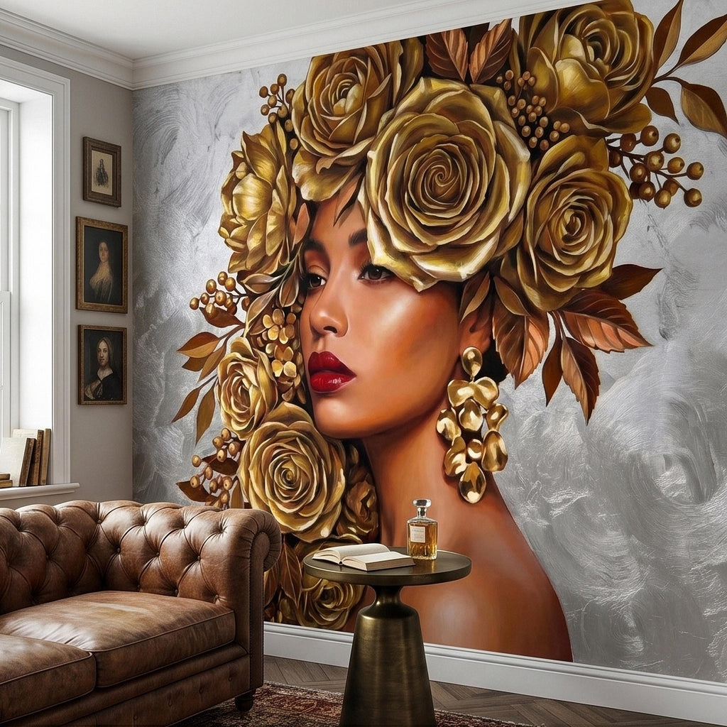 Golden Rose Portrait Peel and Stick Wall Mural, Glam Floral Woman Face Fashion Art with Silver Texture Luxury Modern Wallpaper