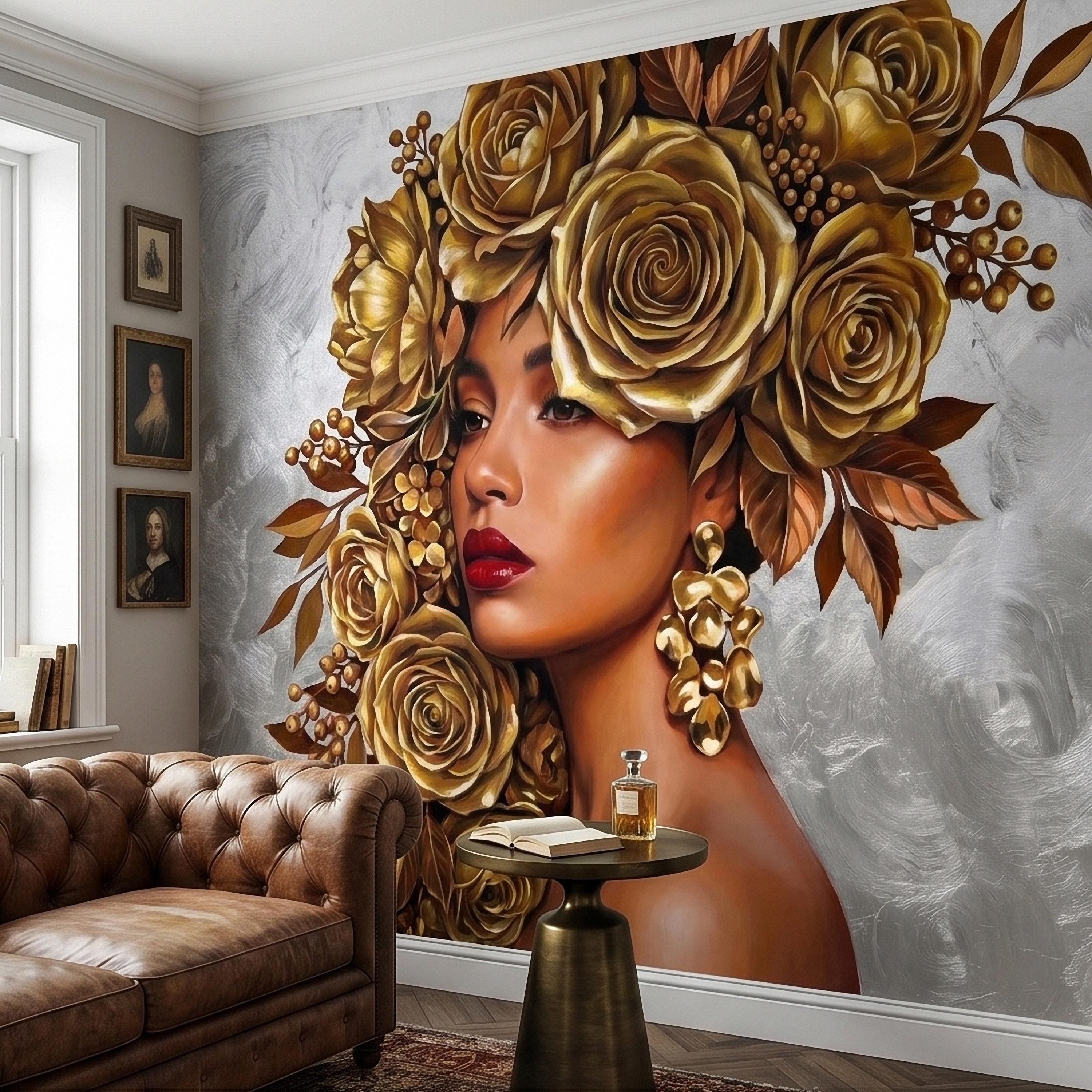 Golden Rose Portrait Peel and Stick Wall Mural, Glam Floral Woman Face Fashion Art with Silver Texture Luxury Modern Wallpaper