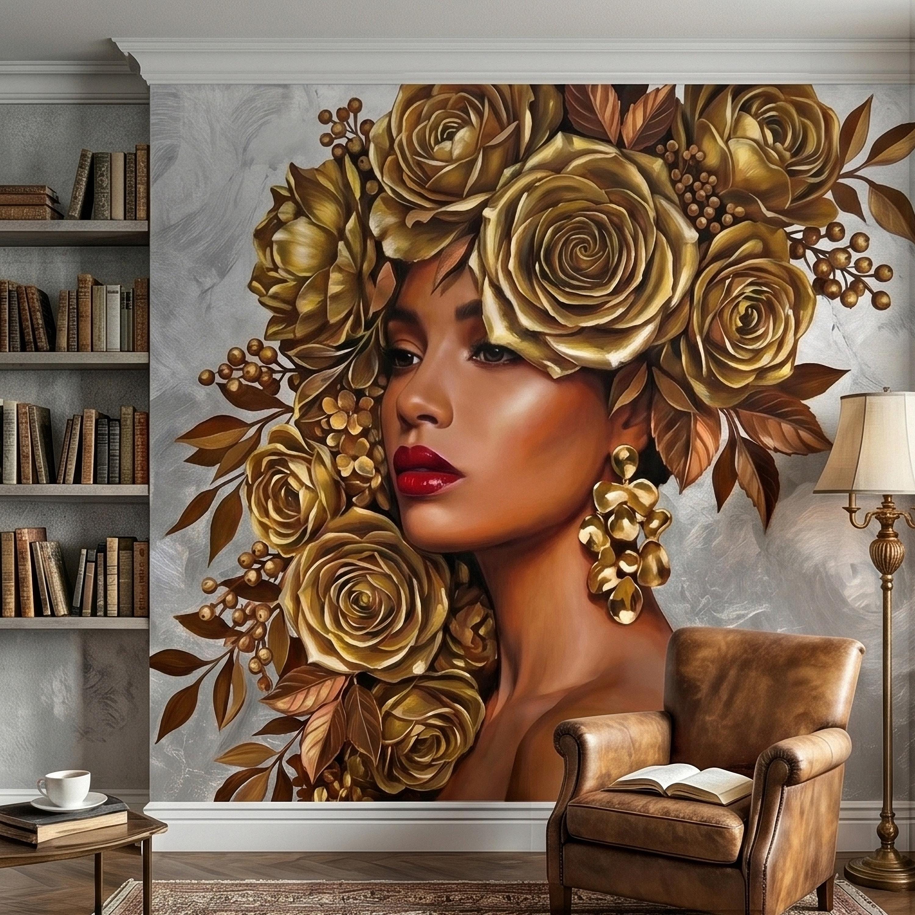 Golden Rose Portrait Peel and Stick Wall Mural, Glam Floral Woman Face Fashion Art with Silver Texture Luxury Modern Wallpaper
