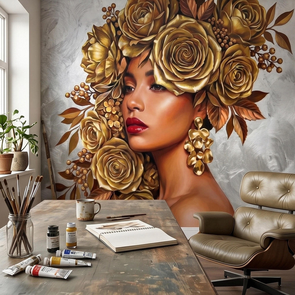 Golden Rose Portrait Peel and Stick Wall Mural, Glam Floral Woman Face Fashion Art with Silver Texture Luxury Modern Wallpaper