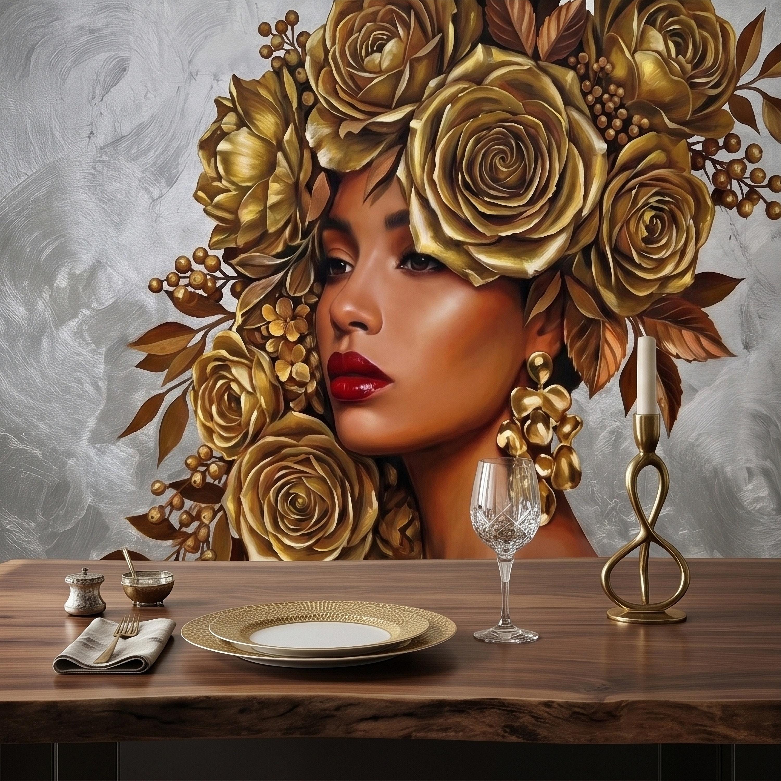Golden Rose Portrait Peel and Stick Wall Mural, Glam Floral Woman Face Fashion Art with Silver Texture Luxury Modern Wallpaper