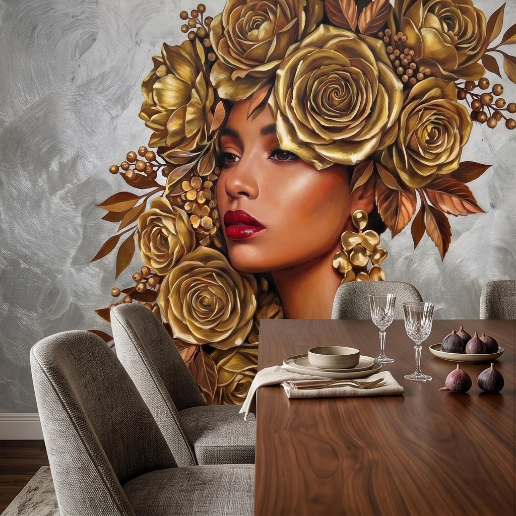 Golden Rose Portrait Peel and Stick Wall Mural, Glam Floral Woman Face Fashion Art with Silver Texture Luxury Modern Wallpaper