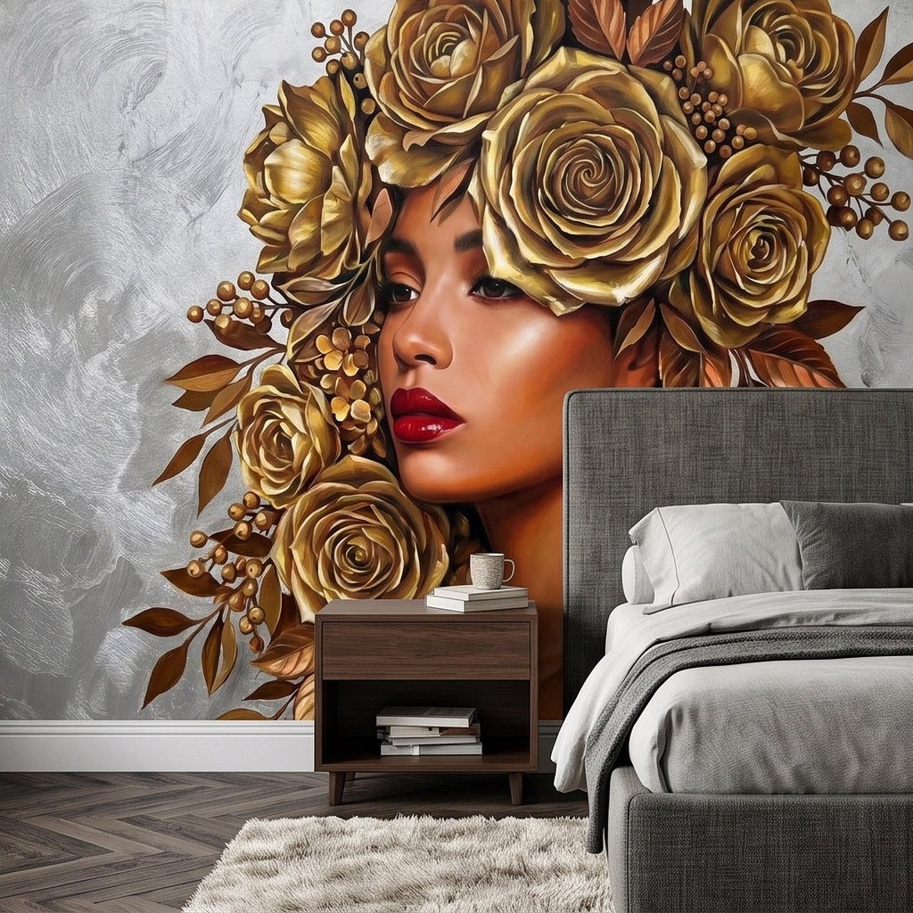 Golden Rose Portrait Peel and Stick Wall Mural, Glam Floral Woman Face Fashion Art with Silver Texture Luxury Modern Wallpaper