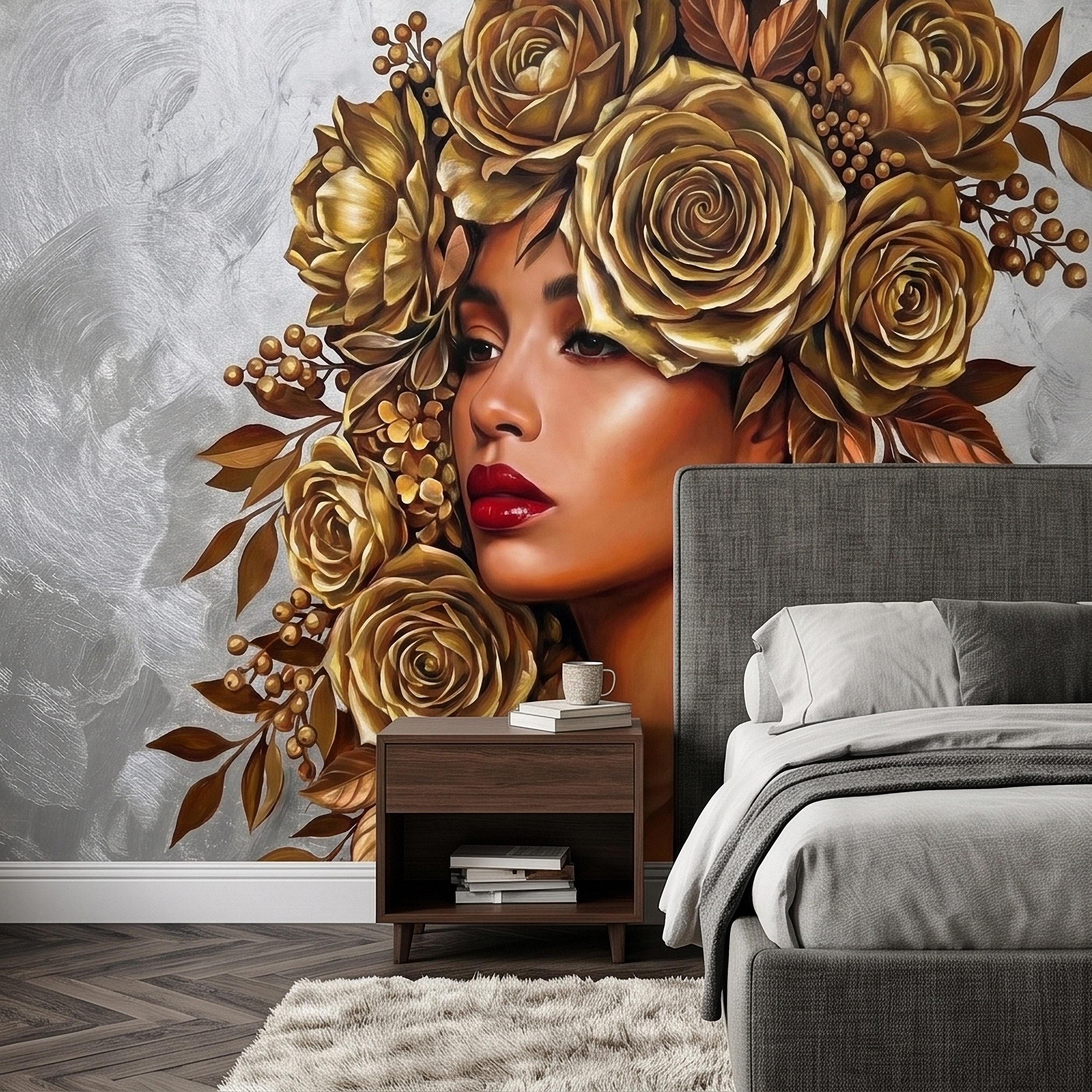 Golden Rose Portrait Peel and Stick Wall Mural, Glam Floral Woman Face Fashion Art with Silver Texture Luxury Modern Wallpaper