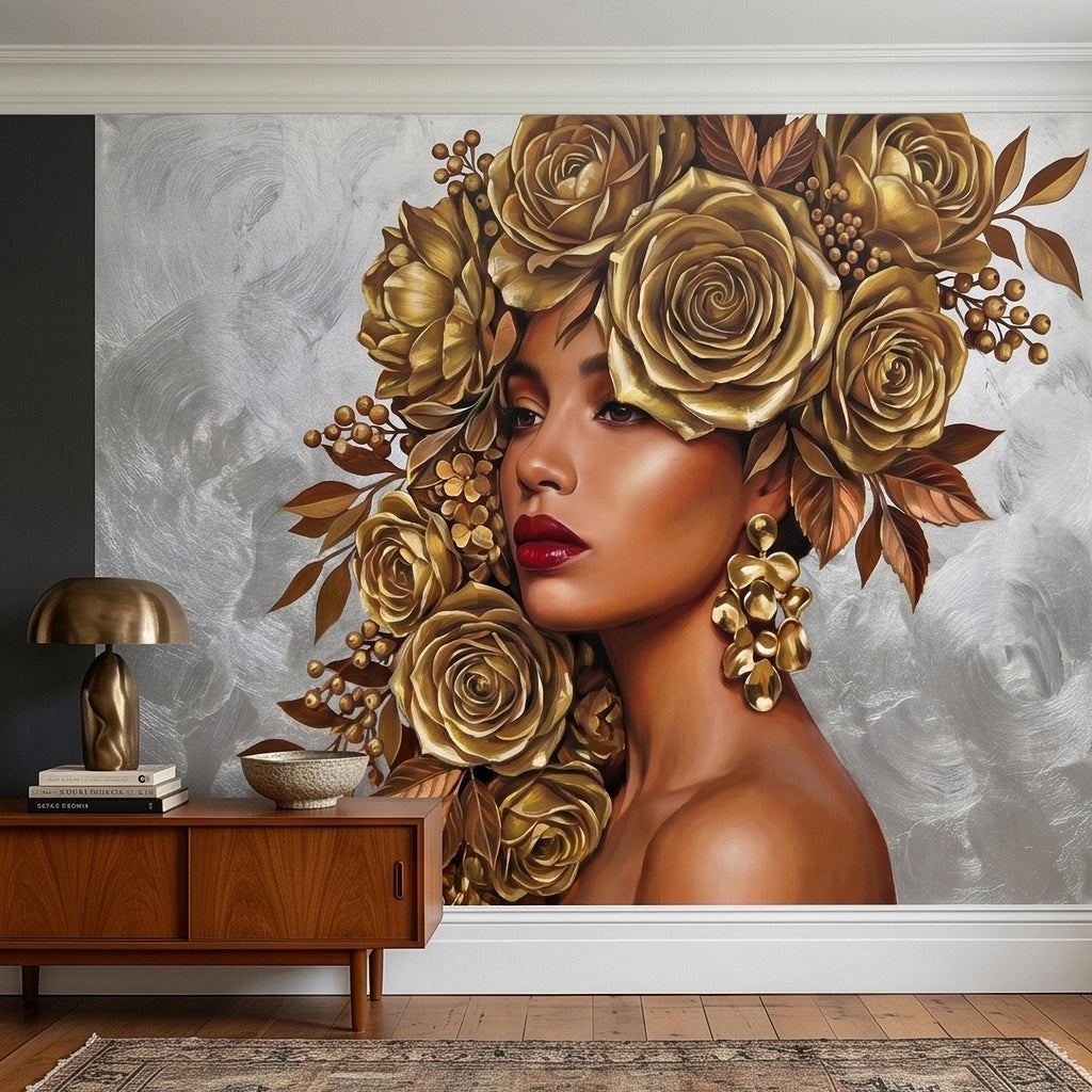 Golden Rose Portrait Peel and Stick Wall Mural, Glam Floral Woman Face Fashion Art with Silver Texture Luxury Modern Wallpaper