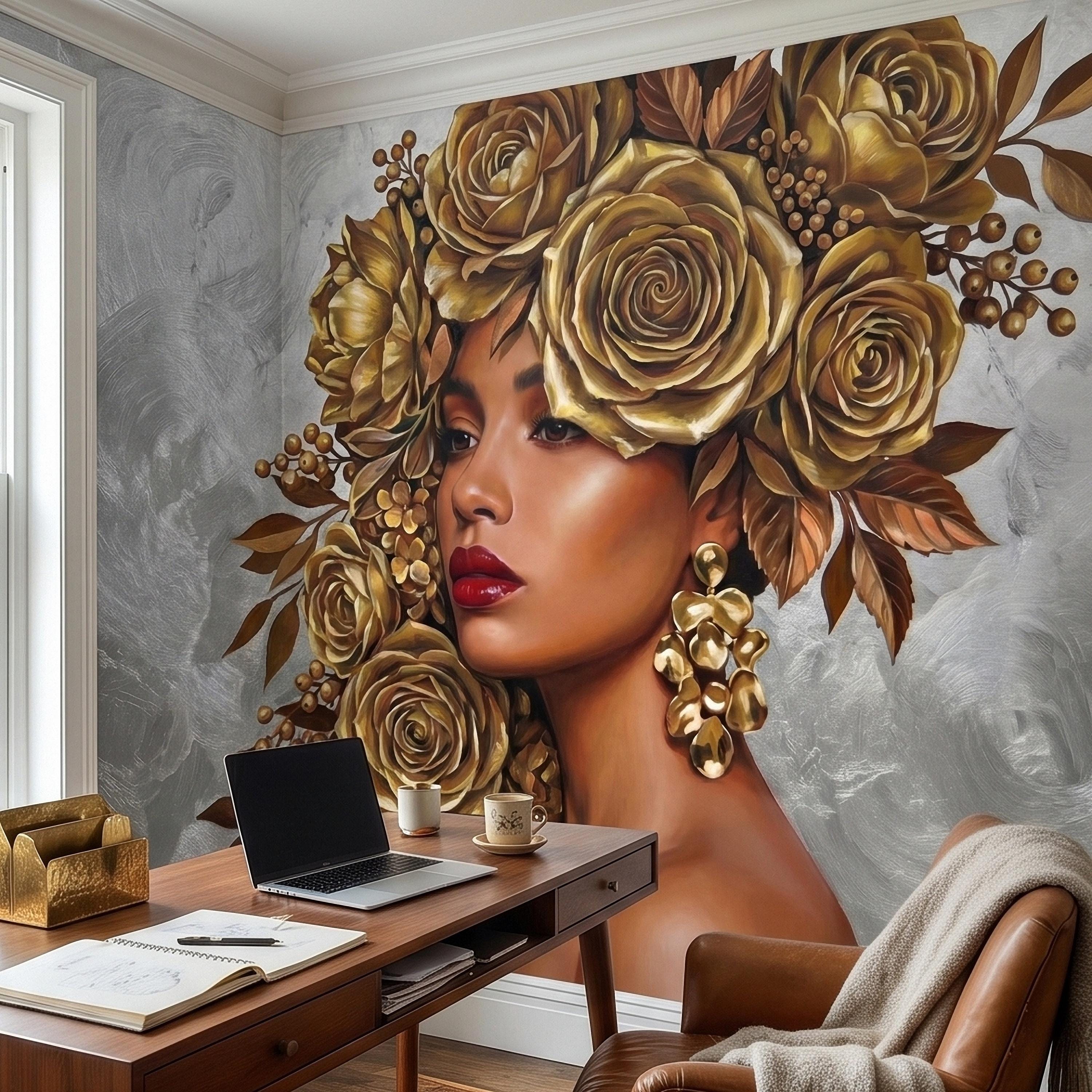Golden Rose Portrait Peel and Stick Wall Mural, Glam Floral Woman Face Fashion Art with Silver Texture Luxury Modern Wallpaper
