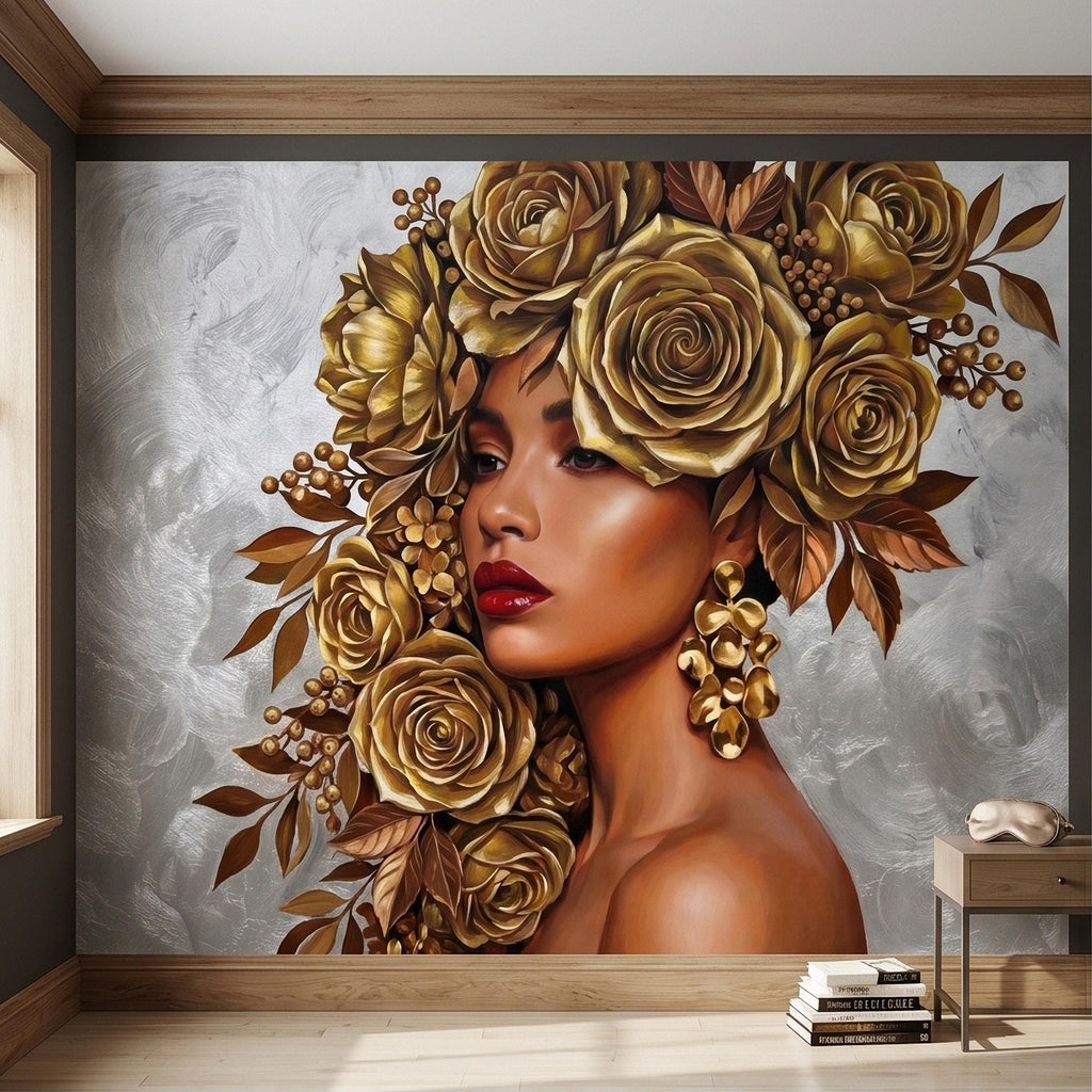Golden Rose Portrait Peel and Stick Wall Mural, Glam Floral Woman Face Fashion Art with Silver Texture Luxury Modern Wallpaper