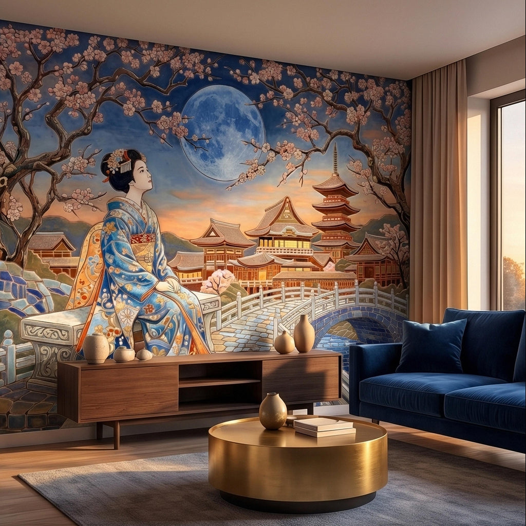 Japanese Geisha Under Sakura Cherry Blossoms Full Moon Peel and Stick Wall Mural, Kyoto Temple Pagoda Bridge Kimono Vintage Asian Wallpaper