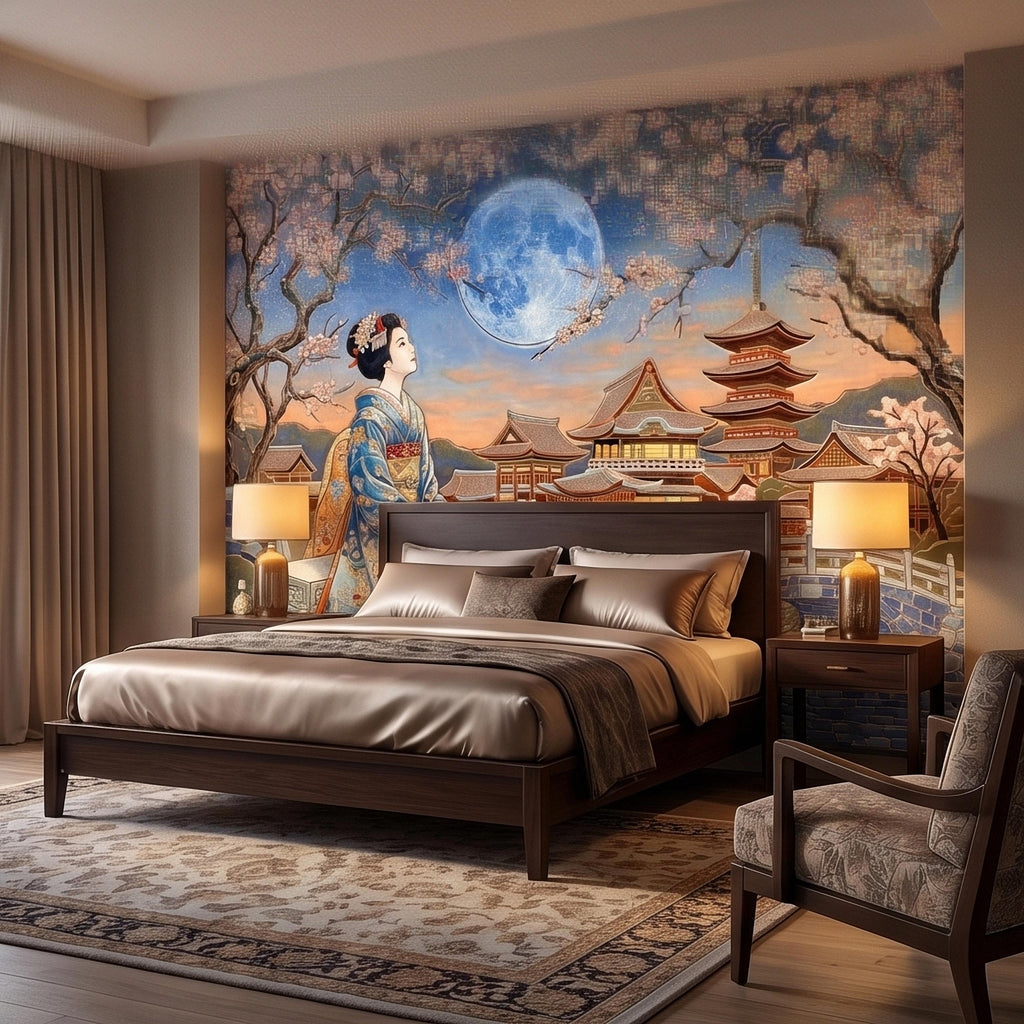 Japanese Geisha Under Sakura Cherry Blossoms Full Moon Peel and Stick Wall Mural, Kyoto Temple Pagoda Bridge Kimono Vintage Asian Wallpaper