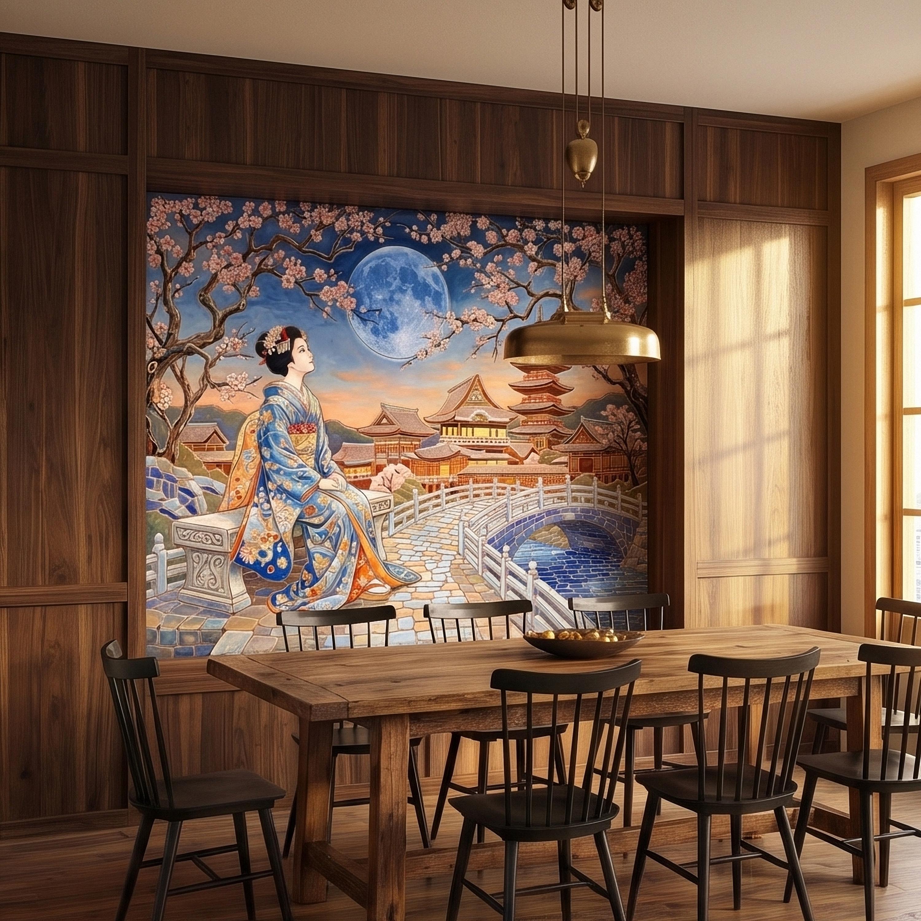 Japanese Geisha Under Sakura Cherry Blossoms Full Moon Peel and Stick Wall Mural, Kyoto Temple Pagoda Bridge Kimono Vintage Asian Wallpaper