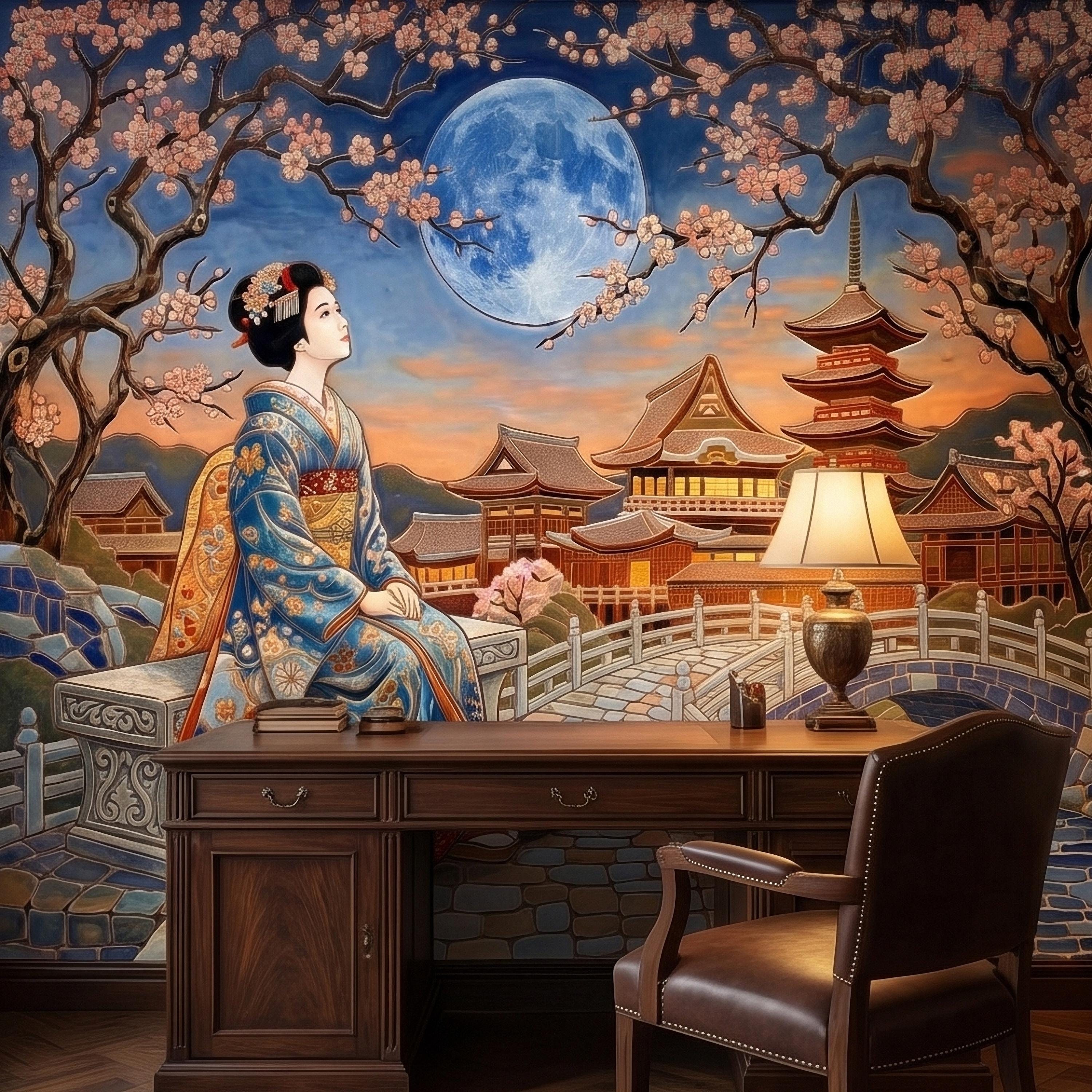 Japanese Geisha Under Sakura Cherry Blossoms Full Moon Peel and Stick Wall Mural, Kyoto Temple Pagoda Bridge Kimono Vintage Asian Wallpaper