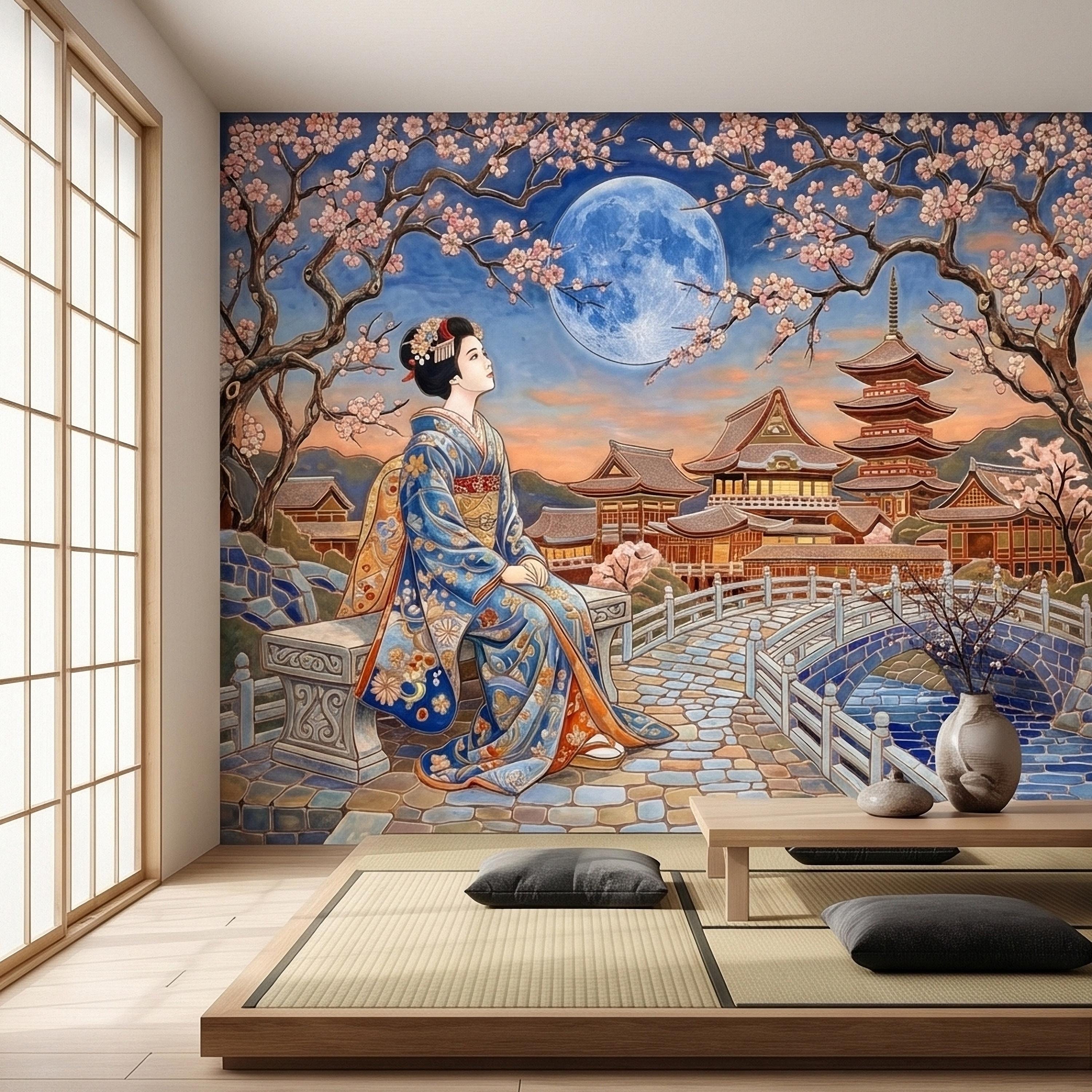Japanese Geisha Under Sakura Cherry Blossoms Full Moon Peel and Stick Wall Mural, Kyoto Temple Pagoda Bridge Kimono Vintage Asian Wallpaper