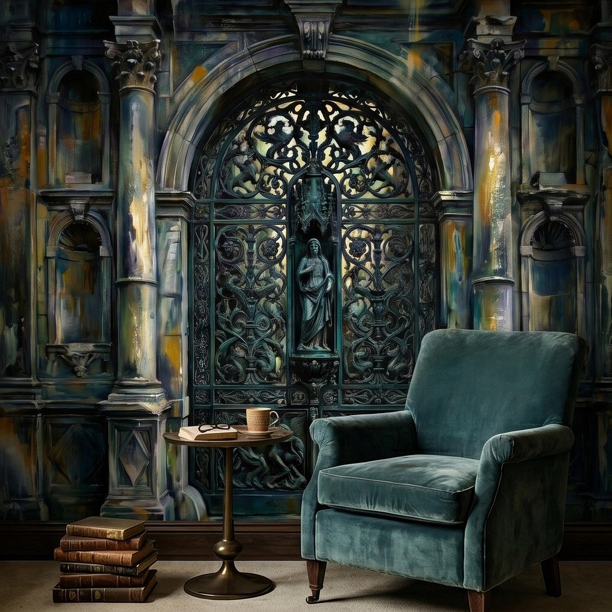 Gothic Cathedral Gate Peel and Stick Wall Mural, Moody Teal Patina Watercolor Archway with Ornate Ironwork, Dark Vintage Old World Wallpaper - The Fine Art Murals