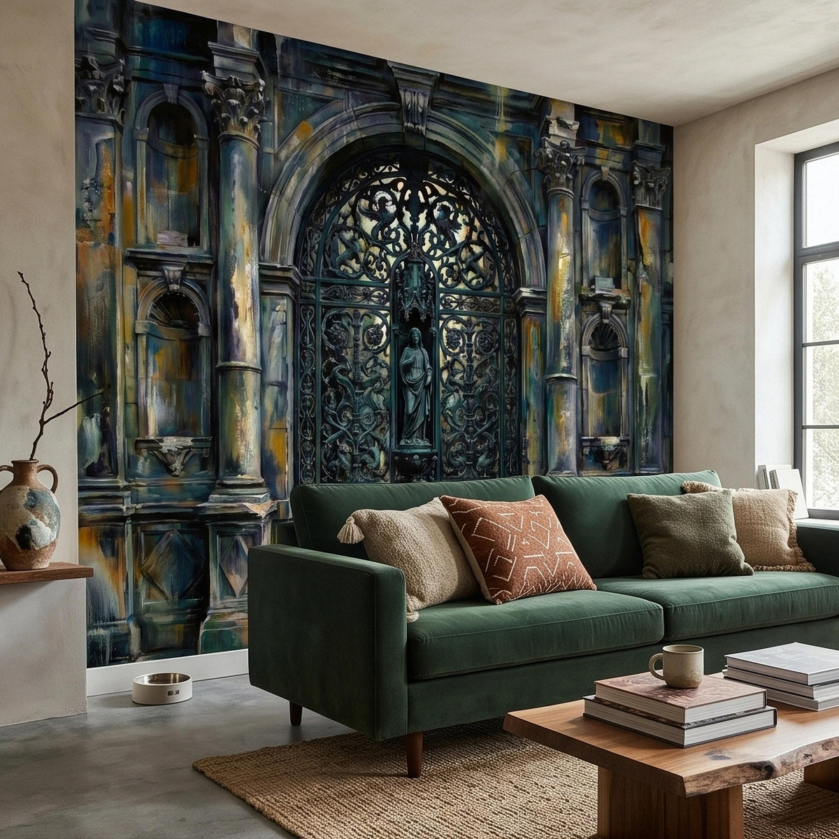 Gothic Cathedral Gate Peel and Stick Wall Mural, Moody Teal Patina Watercolor Archway with Ornate Ironwork, Dark Vintage Old World Wallpaper - The Fine Art Murals