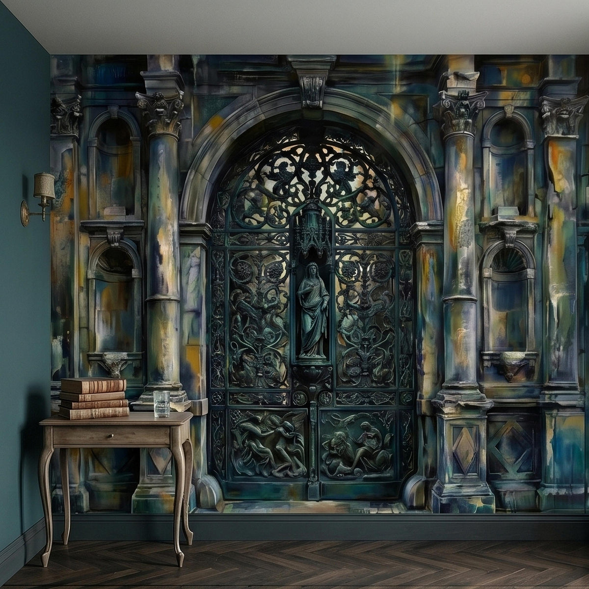 Gothic Cathedral Gate Peel and Stick Wall Mural, Moody Teal Patina Watercolor Archway with Ornate Ironwork, Dark Vintage Old World Wallpaper - The Fine Art Murals