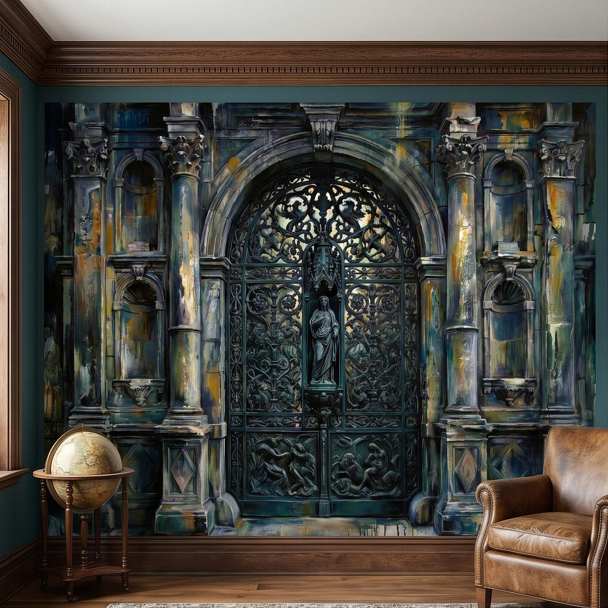 Gothic Cathedral Gate Peel and Stick Wall Mural, Moody Teal Patina Watercolor Archway with Ornate Ironwork, Dark Vintage Old World Wallpaper - The Fine Art Murals