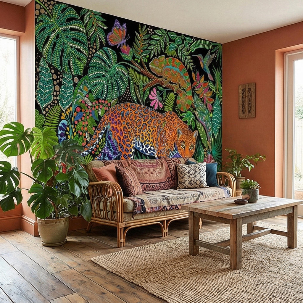 Colorful Jungle Jaguar Peel and Stick Wall Mural, Tropical Chameleon Hummingbird Butterfly Folk Dot Art, Vibrant Black Rainforest Wallpaper