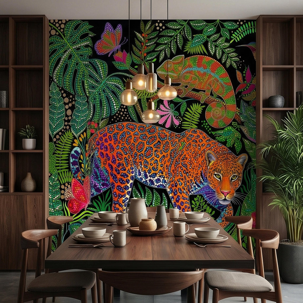 Colorful Jungle Jaguar Peel and Stick Wall Mural, Tropical Chameleon Hummingbird Butterfly Folk Dot Art, Vibrant Black Rainforest Wallpaper