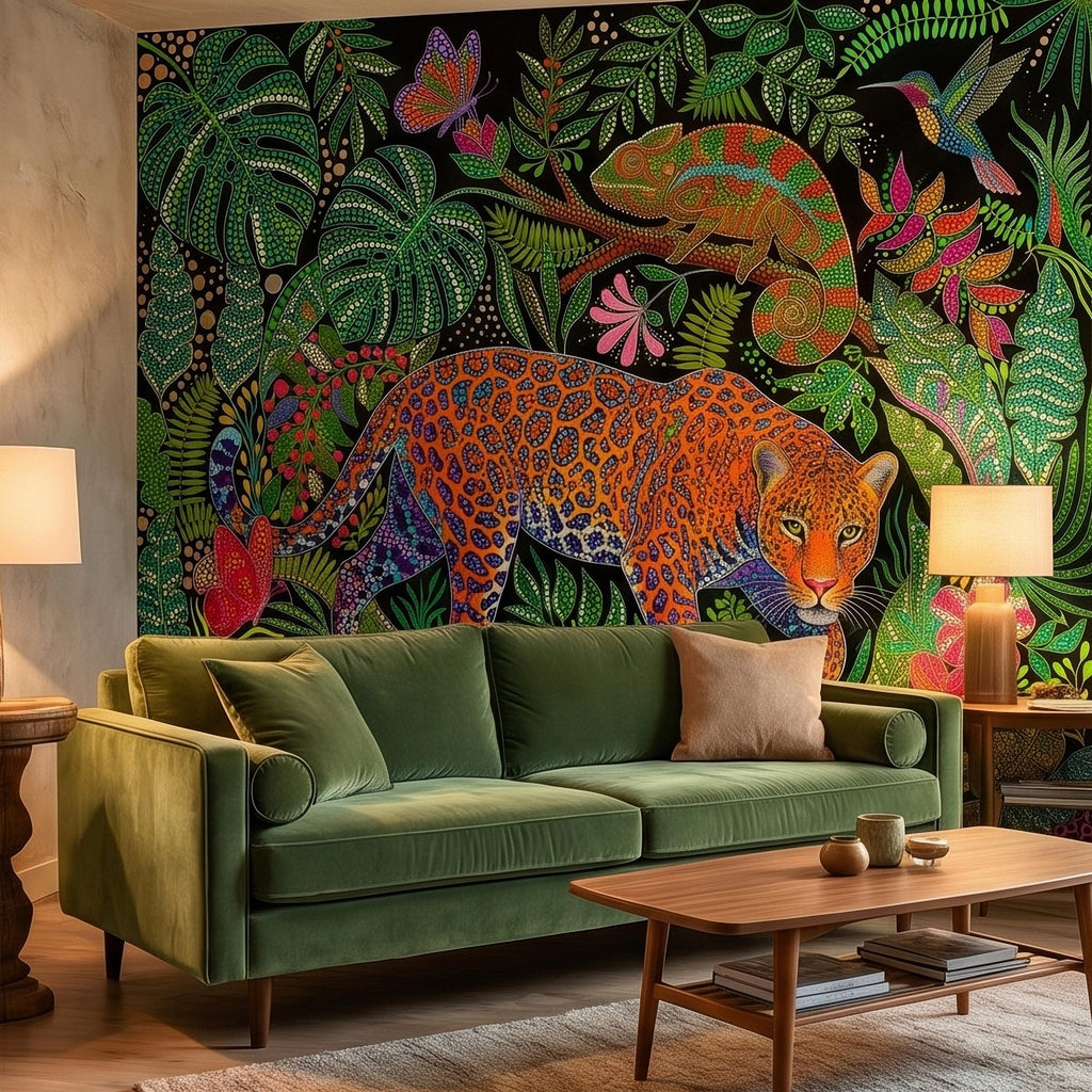 Colorful Jungle Jaguar Peel and Stick Wall Mural, Tropical Chameleon Hummingbird Butterfly Folk Dot Art, Vibrant Black Rainforest Wallpaper