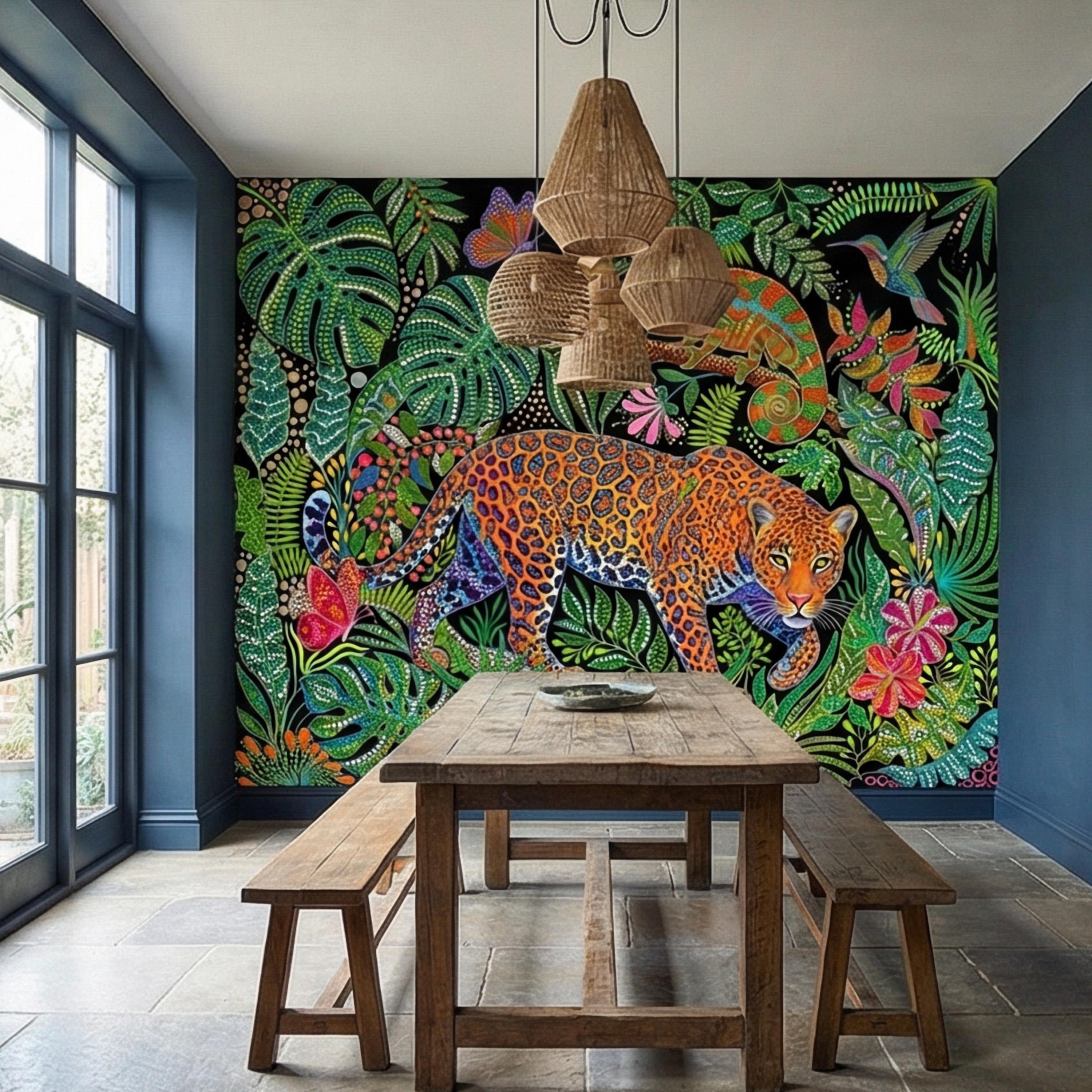 Colorful Jungle Jaguar Peel and Stick Wall Mural, Tropical Chameleon Hummingbird Butterfly Folk Dot Art, Vibrant Black Rainforest Wallpaper