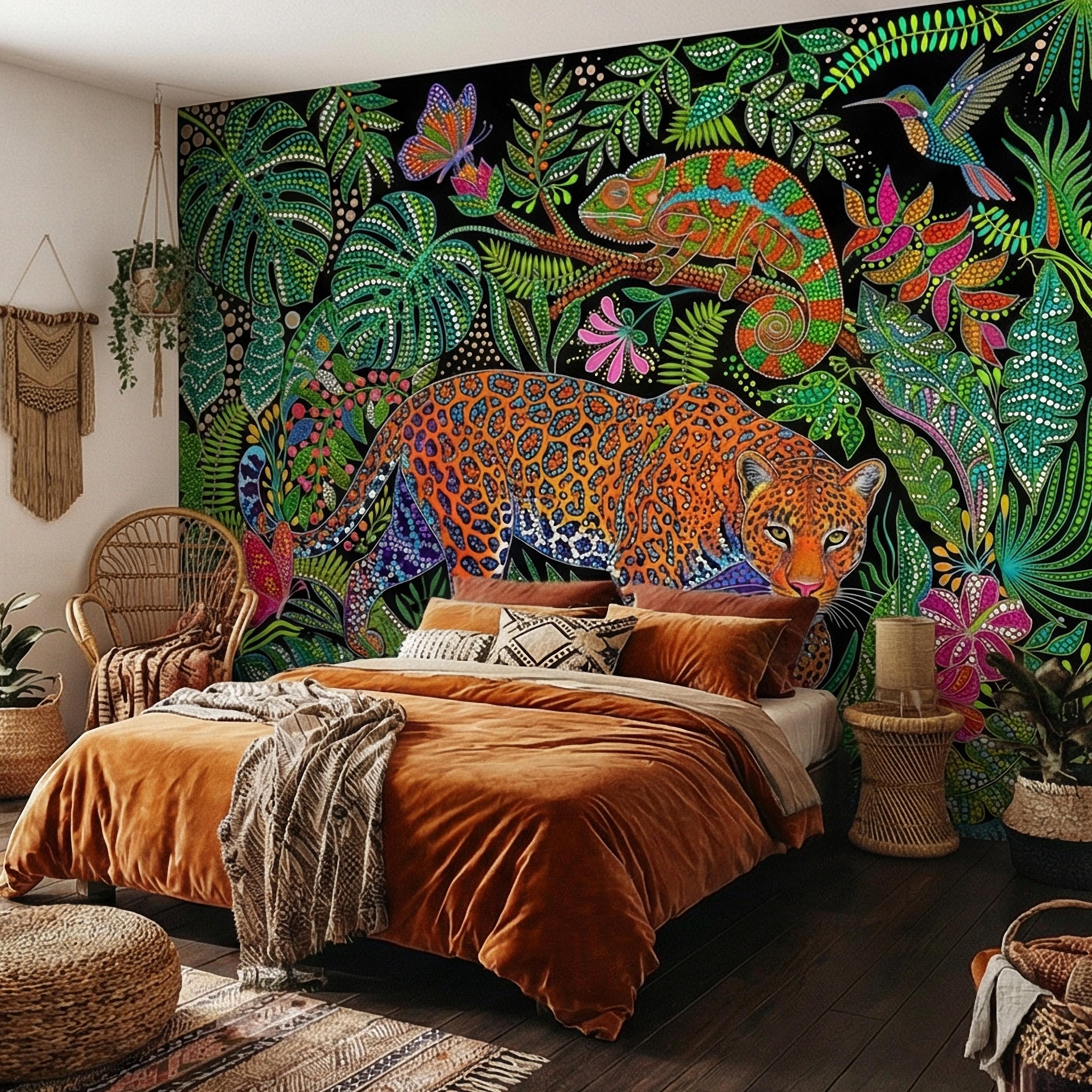 Colorful Jungle Jaguar Peel and Stick Wall Mural, Tropical Chameleon Hummingbird Butterfly Folk Dot Art, Vibrant Black Rainforest Wallpaper