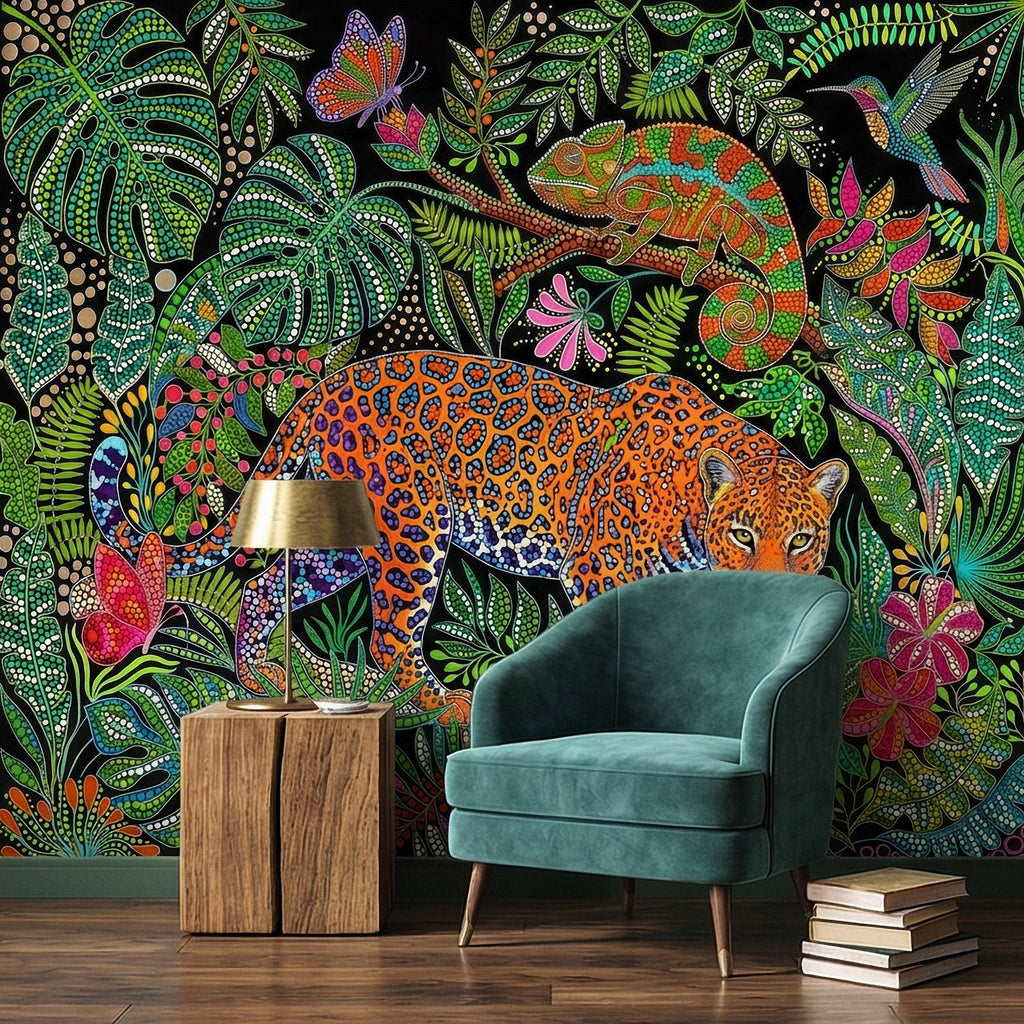 Colorful Jungle Jaguar Peel and Stick Wall Mural, Tropical Chameleon Hummingbird Butterfly Folk Dot Art, Vibrant Black Rainforest Wallpaper