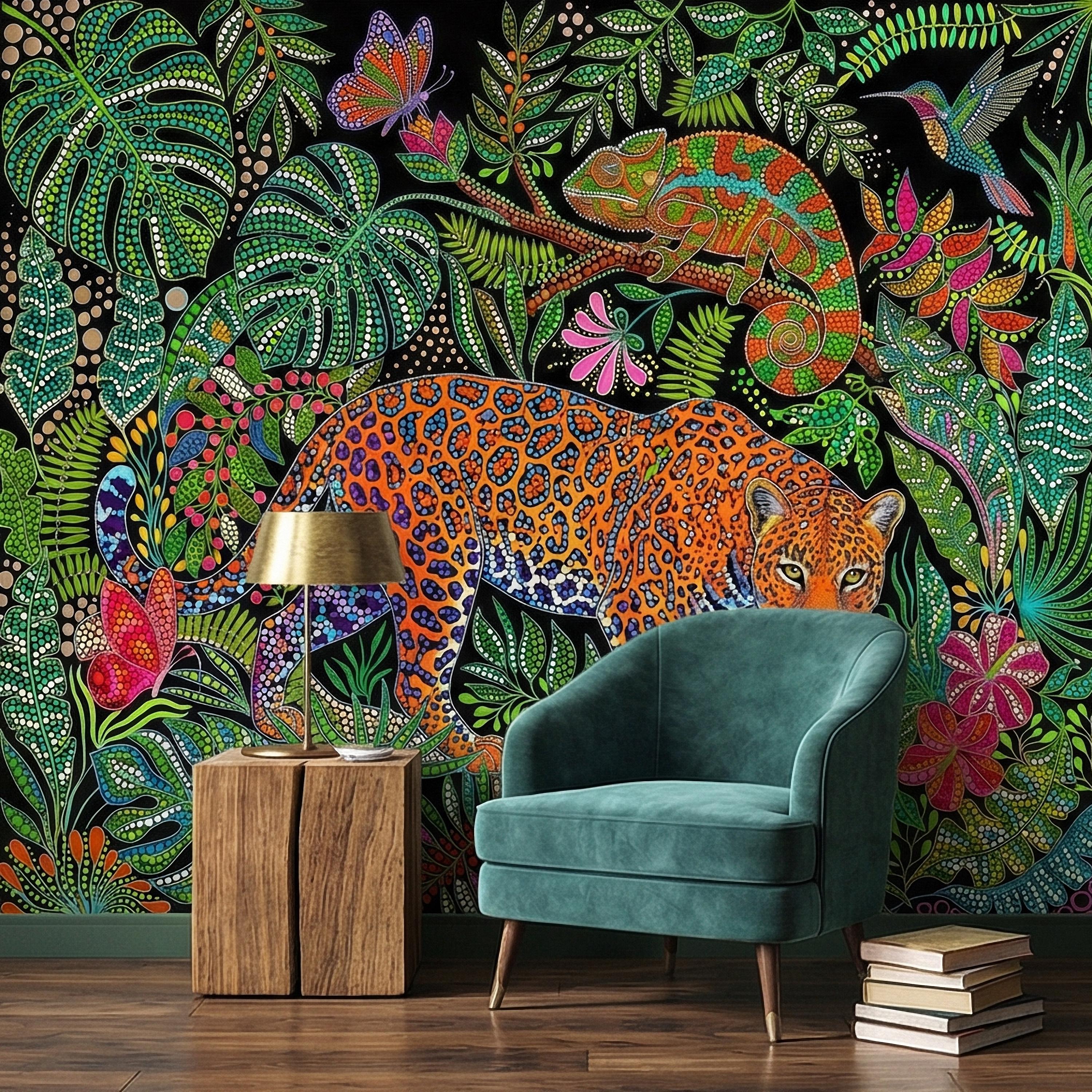 Colorful Jungle Jaguar Peel and Stick Wall Mural, Tropical Chameleon Hummingbird Butterfly Folk Dot Art, Vibrant Black Rainforest Wallpaper